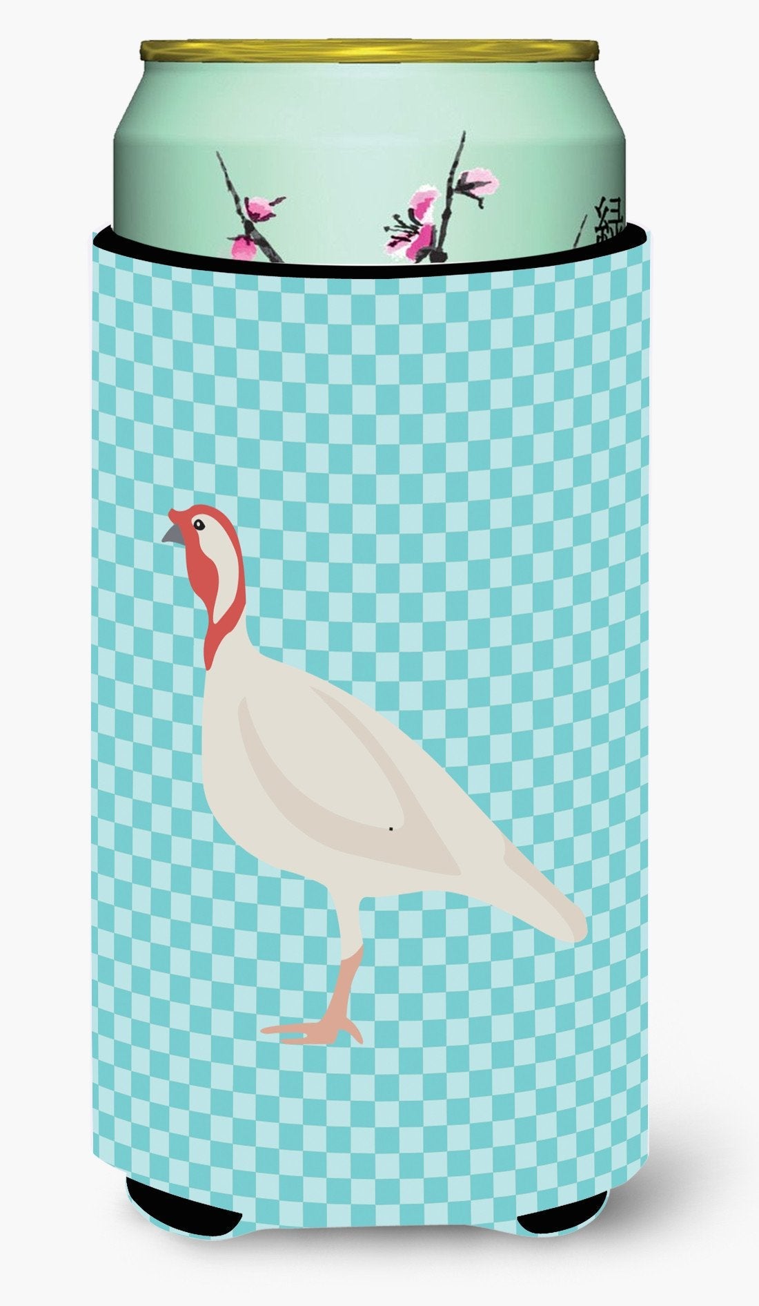 Beltsville Small White Turkey Hen Blue Check Tall Boy Hugger Can Cooler Sleeve Machine Washable Drink Collapsible Insulator Beverage Insulated Holder