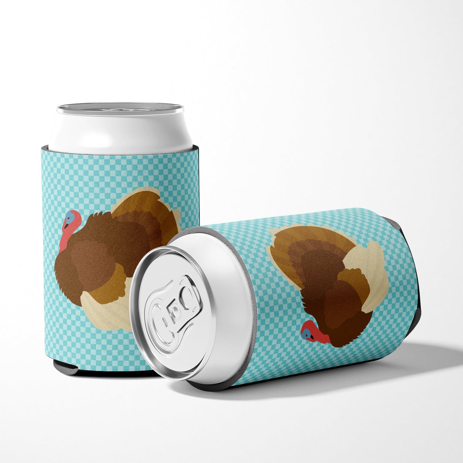 French Turkey Dindon Blue Check Can or Bottle Hugger Cooler Sleeve for Standard 12 oz Cans, Insulated Foam Beer & Soda Can Hugger Reusable