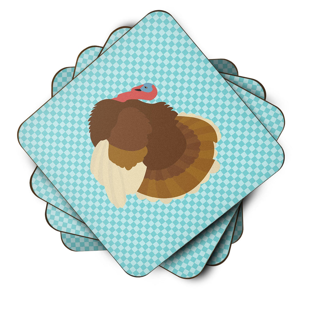 French Turkey Dindon Blue Check Foam Coasters Set of 4 Cup Coasters for Indoor Outdoor, Tabletop Protection, Anti Slip, Mouse pad Material