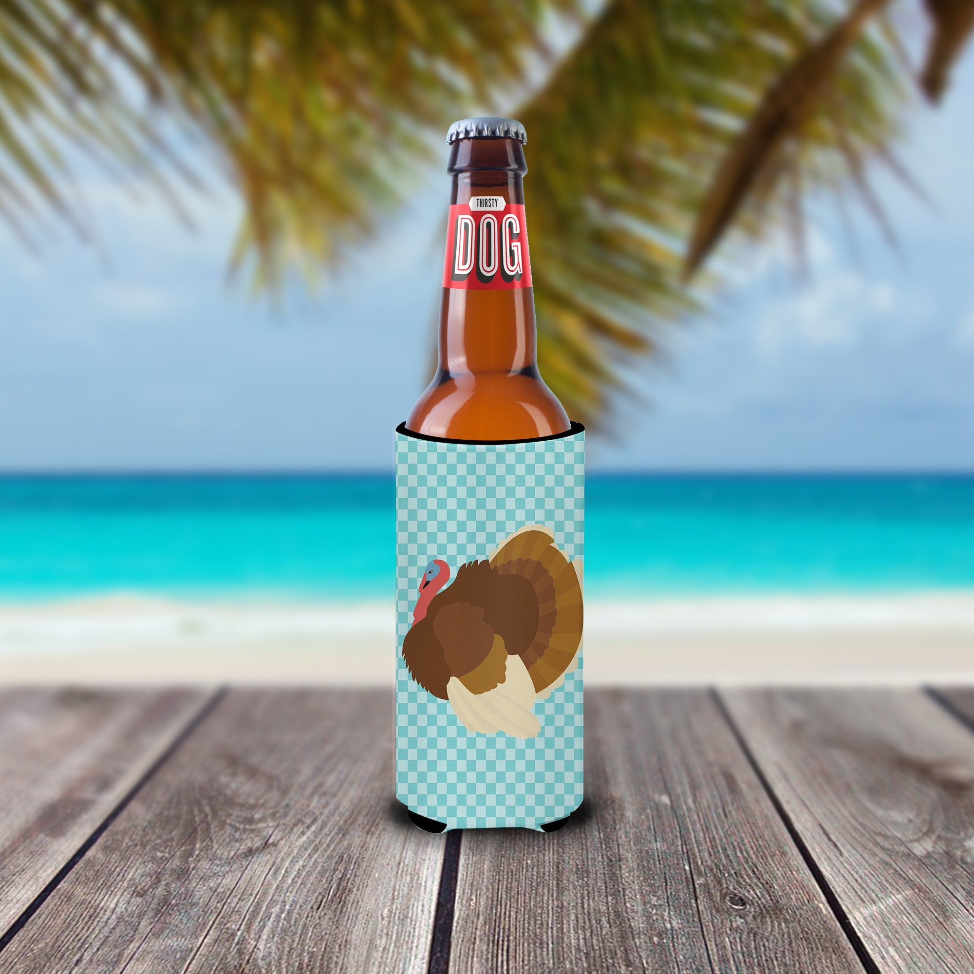 French Turkey Dindon Blue Check Slim Can Hugger , Insulated Foam Hugger for 12 oz Slim Cans, Beer Bottles & Water Bottles, Printed in USA