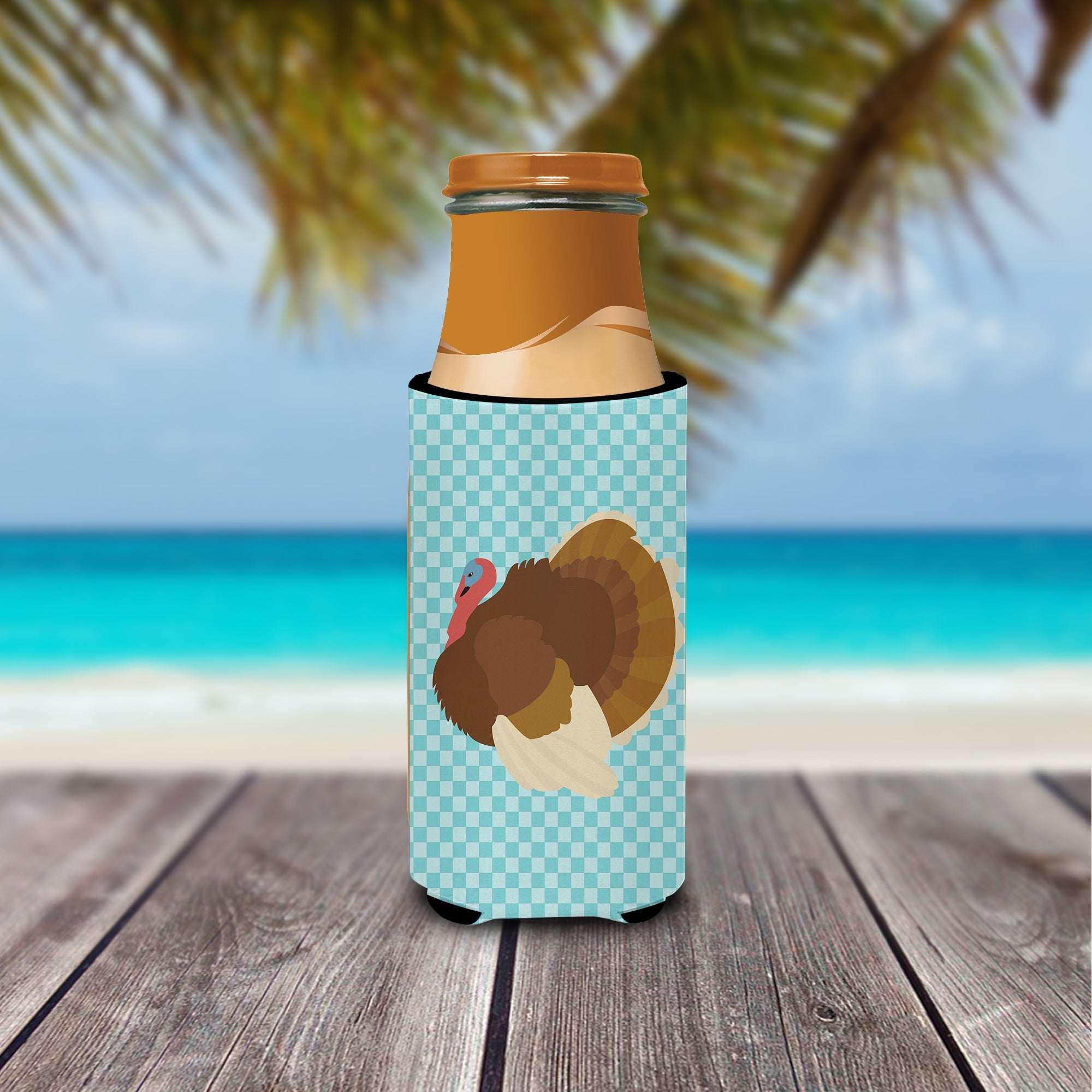 French Turkey Dindon Blue Check Slim Can Hugger , Insulated Foam Hugger for 12 oz Slim Cans, Beer Bottles & Water Bottles, Printed in USA