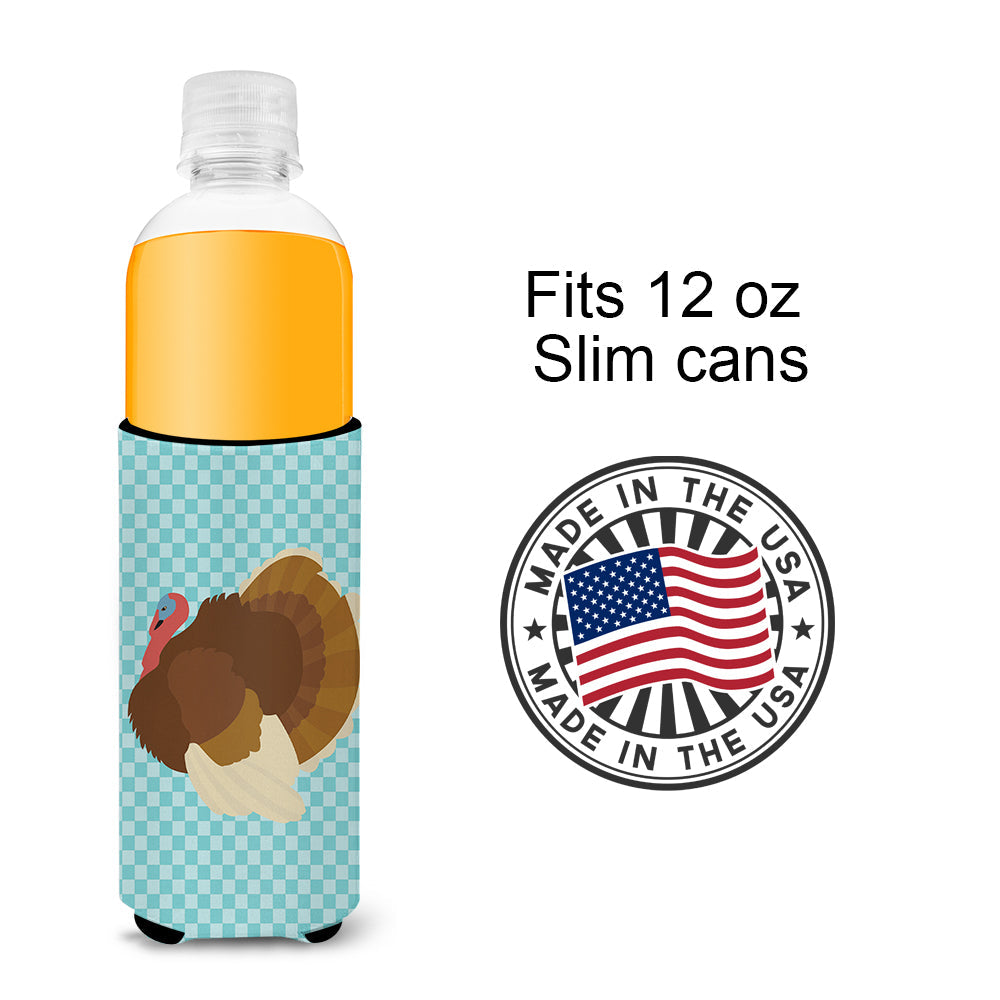 French Turkey Dindon Blue Check Slim Can Hugger , Insulated Foam Hugger for 12 oz Slim Cans, Beer Bottles & Water Bottles, Printed in USA