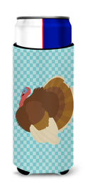French Turkey Dindon Blue Check Slim Can Hugger , Insulated Foam Hugger for 12 oz Slim Cans, Beer Bottles & Water Bottles, Printed in USA