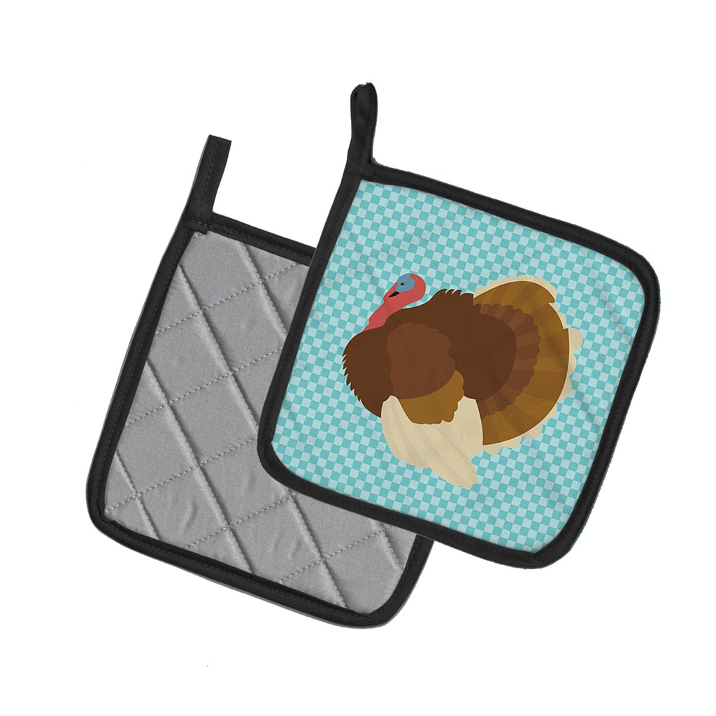 French Turkey Dindon Blue Check Pot Holder Set of 2 Heat Resistant Quilted Hot Pads 7.5 x 7.5 Inch, Insulated Kitchen Trivets for Cooking & Baking