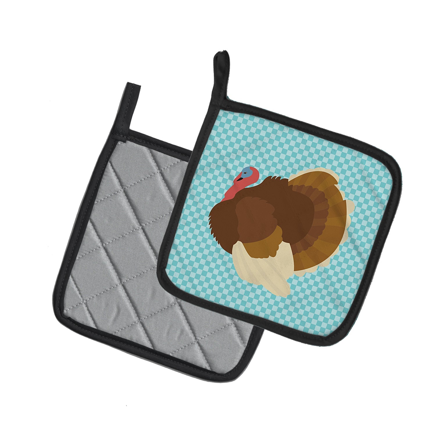 French Turkey Dindon Blue Check Pot Holder Set of 2 Heat Resistant Quilted Hot Pads 7.5 x 7.5 Inch, Insulated Kitchen Trivets for Cooking & Baking
