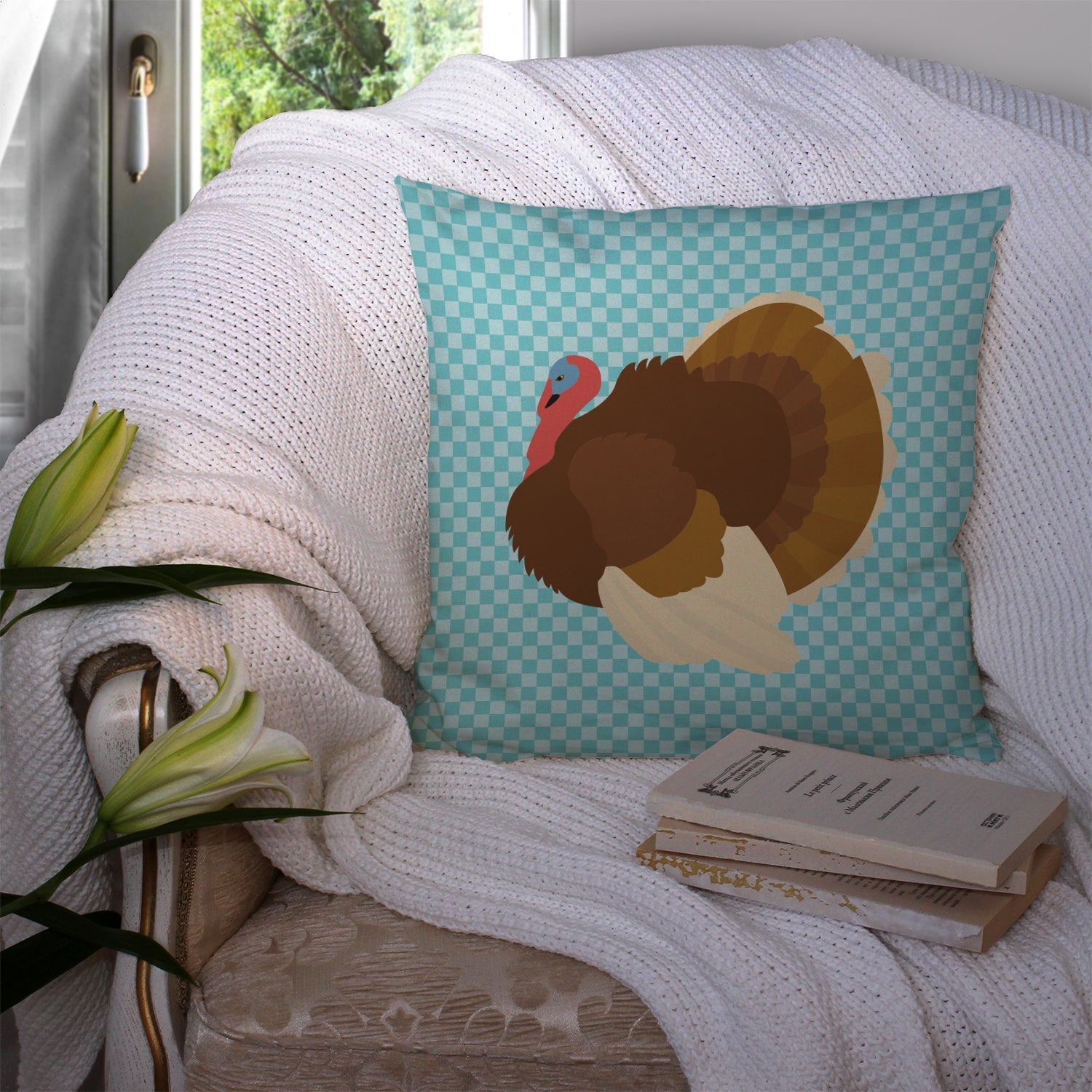 French Turkey Dindon Blue Check Decorative Throw Pillow 14x14 Indoor Outdoor Accent Cushion, Fabric Cover with Insert for Sofa, Bed, Porch & Living Room