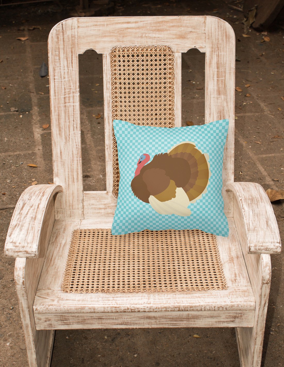 French Turkey Dindon Blue Check Decorative Throw Pillow 18x18 Indoor Outdoor Accent Cushion, Fabric Cover with Insert for Sofa, Bed, Porch & Living Room
