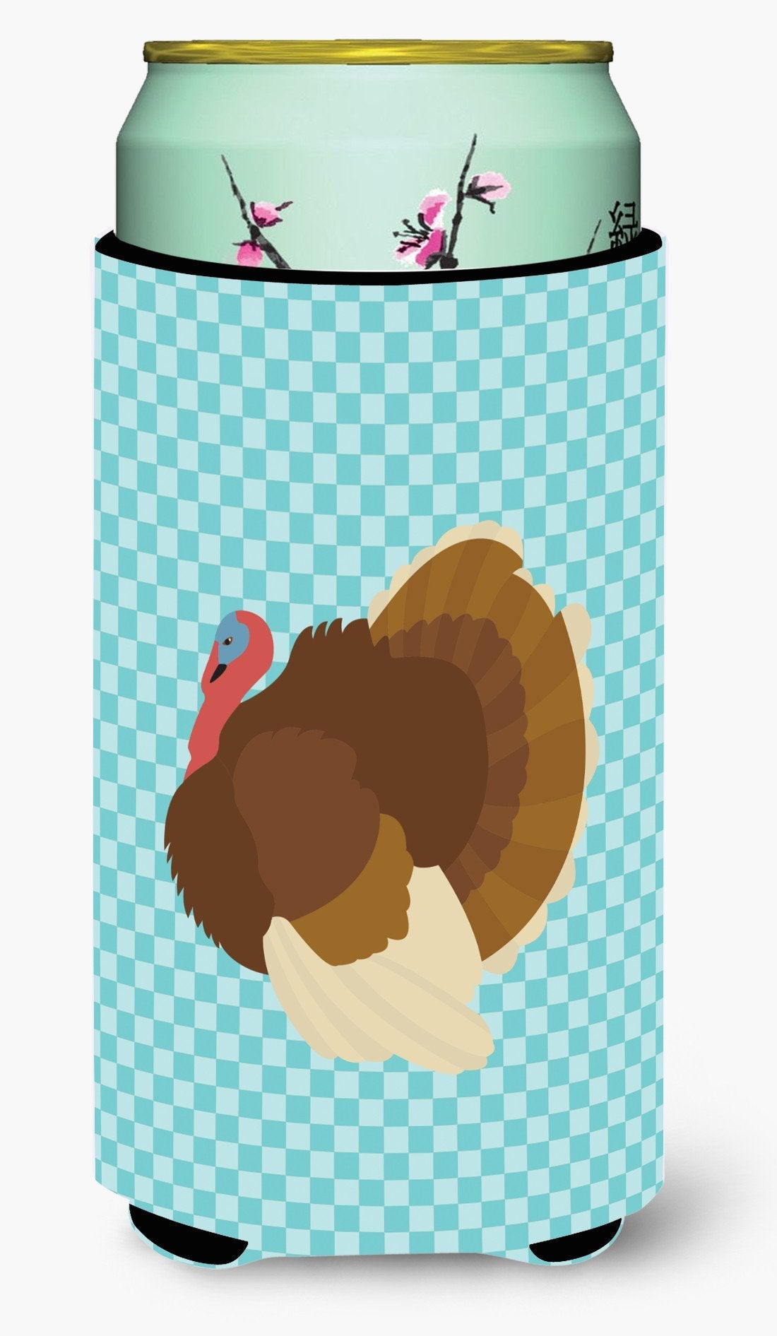 French Turkey Dindon Blue Check Tall Boy Hugger Can Cooler Sleeve Machine Washable Drink Collapsible Insulator Beverage Insulated Holder