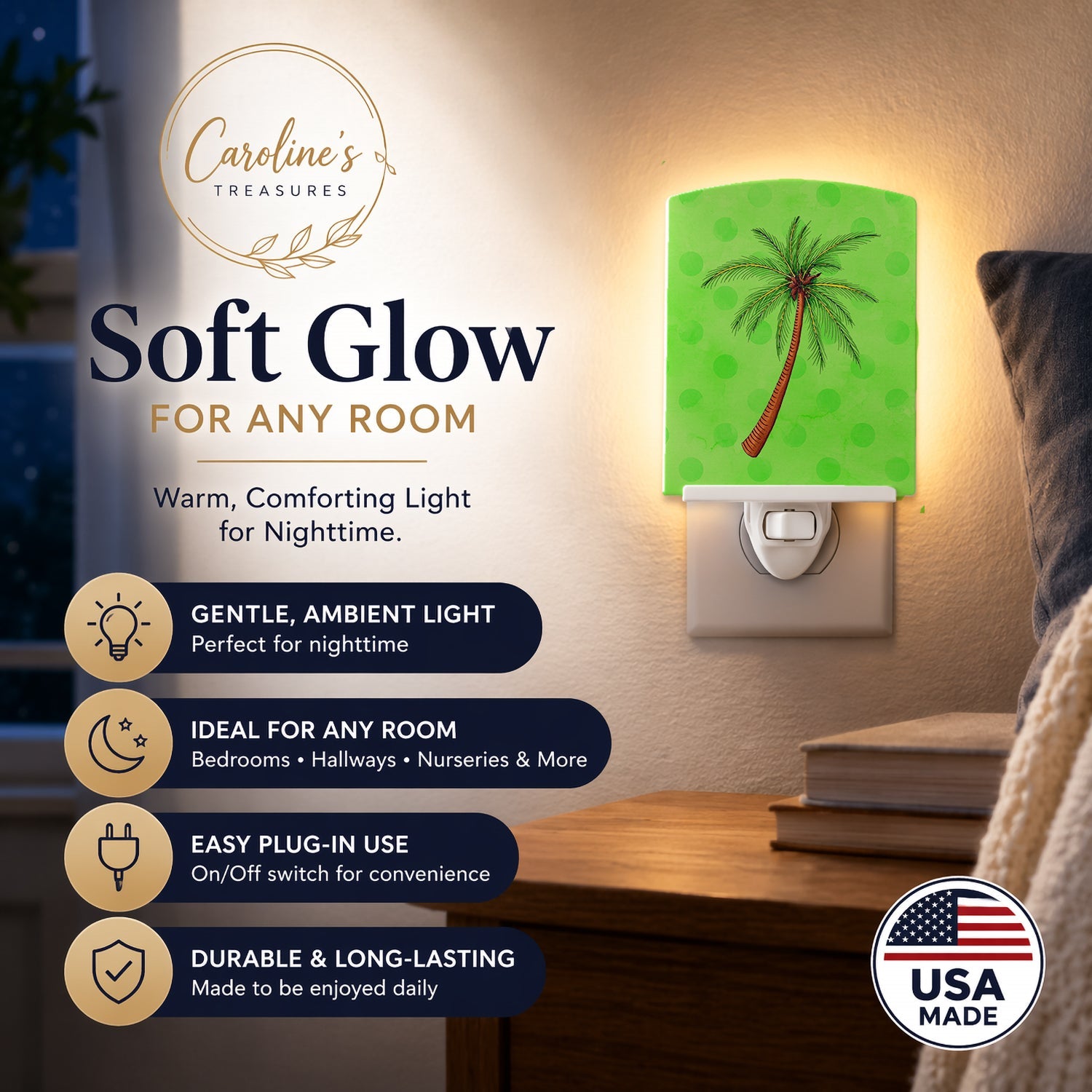 Palm Tree Green Polkadot Ceramic Night Light Compact, UL-Certified, Ideal for Bedroom, Bathroom, Nursery, Hallway, Kitchen, 6x4x3, Multicolor
