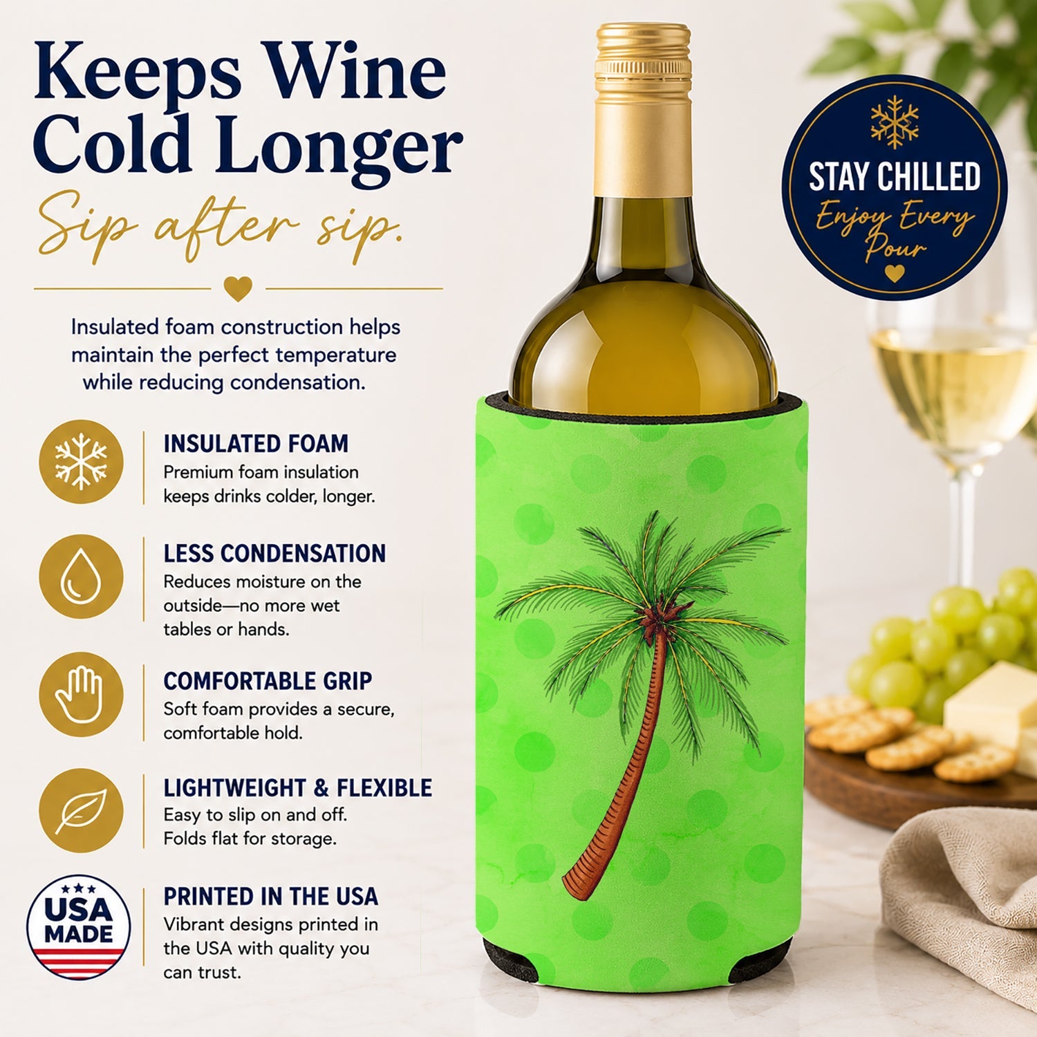 Palm Tree Green Polkadot Wine Bottle Hugger Gift Sleeve for Standard 750 ml Bottles, Insulated Reusable Fits Mini Shot & Pint Bottles