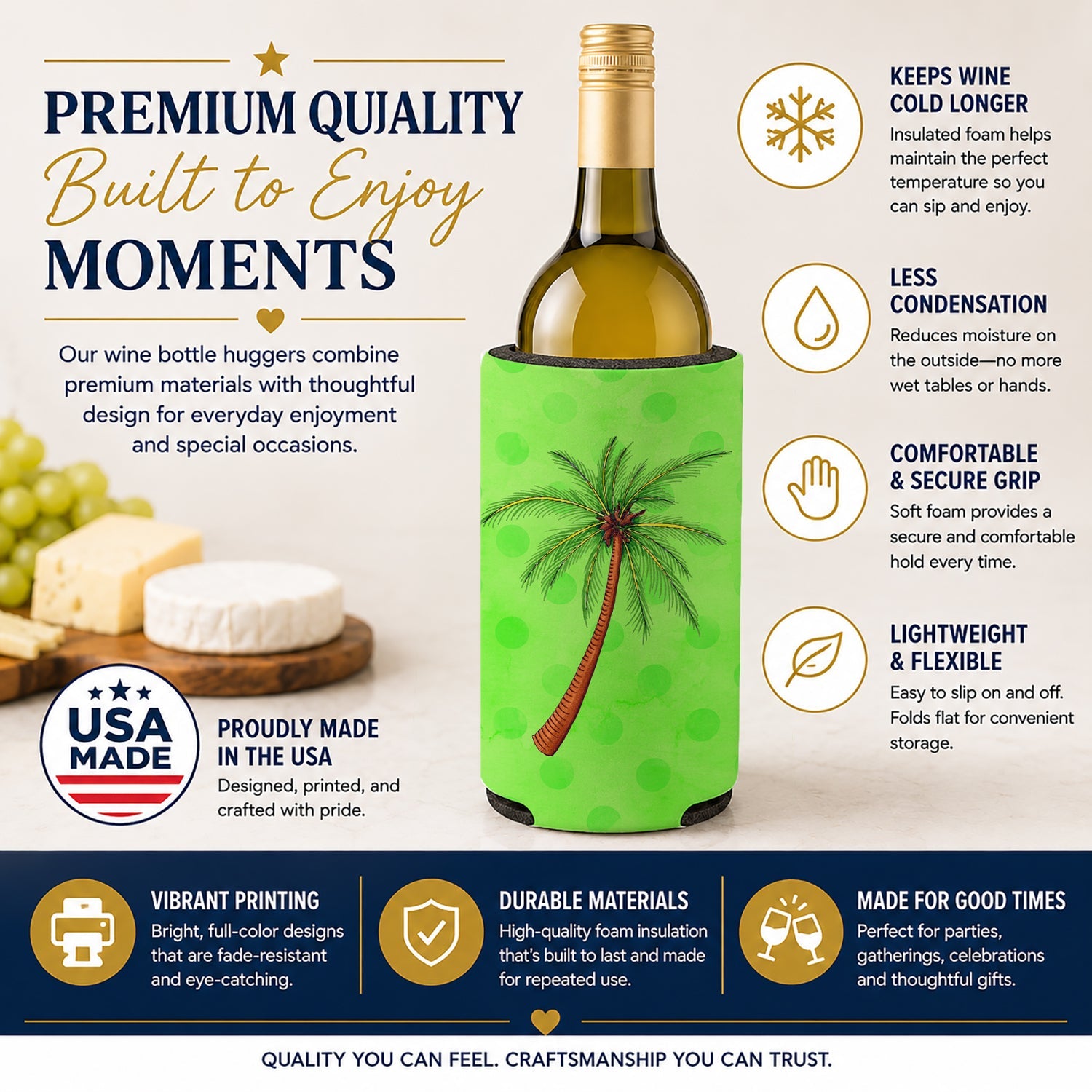Palm Tree Green Polkadot Wine Bottle Hugger Gift Sleeve for Standard 750 ml Bottles, Insulated Reusable Fits Mini Shot & Pint Bottles