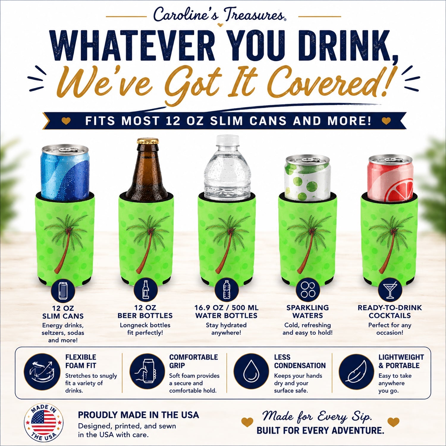Palm Tree Green Polkadot Slim Can Hugger  Insulated Foam Sleeve for 12 oz Slim Cans, Beer Bottles & Water Bottles, Made in USA