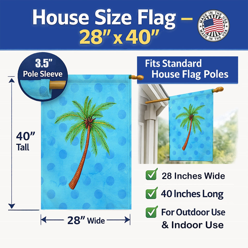 Palm Tree Blue Polkadot House Flag 28x40 Porch Sleeve Pole Decorative Outside Yard Banner Artwork Wall Hanging, Polyester