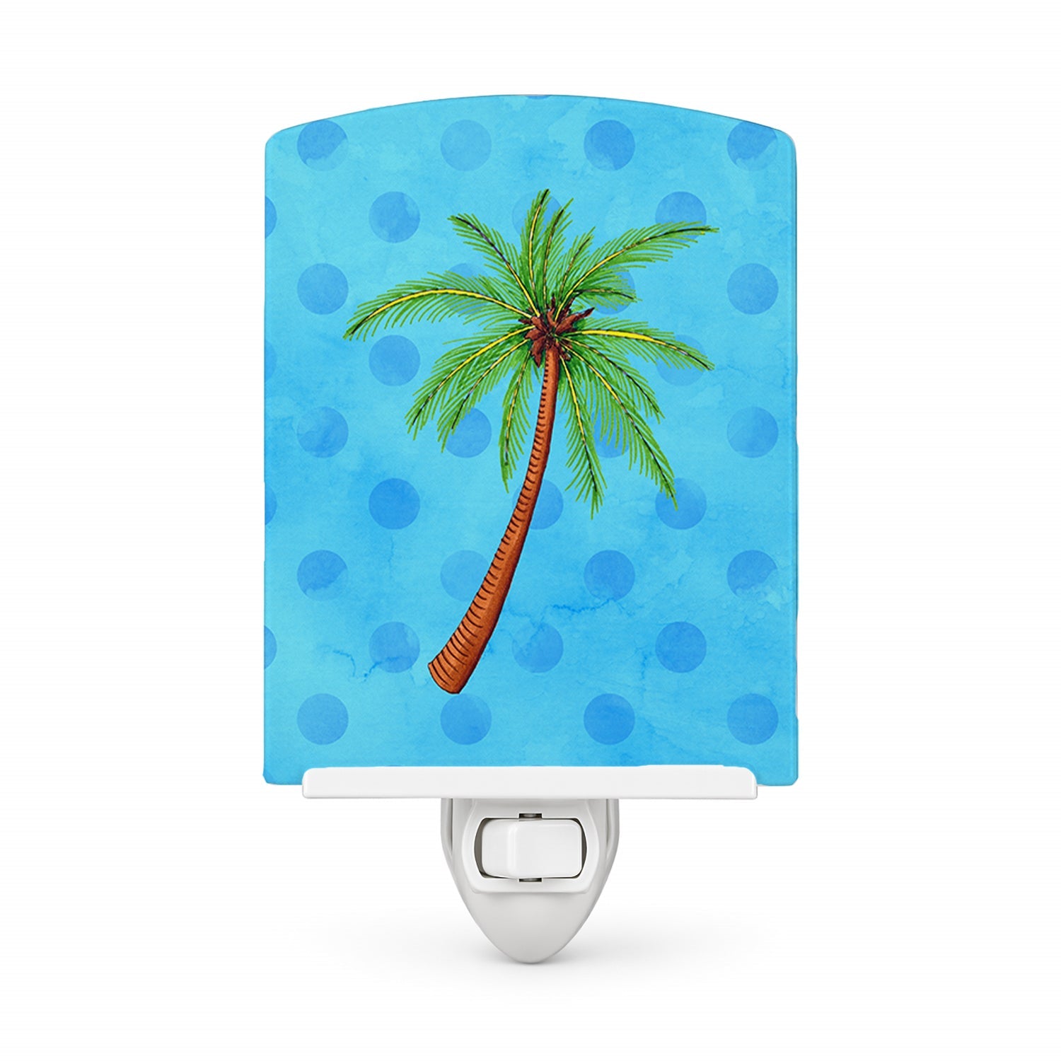 Palm Tree Blue Polkadot Ceramic Night Light Compact, UL-Certified, Ideal for Bedroom, Bathroom, Nursery, Hallway, Kitchen, 6x4x3, Multicolor