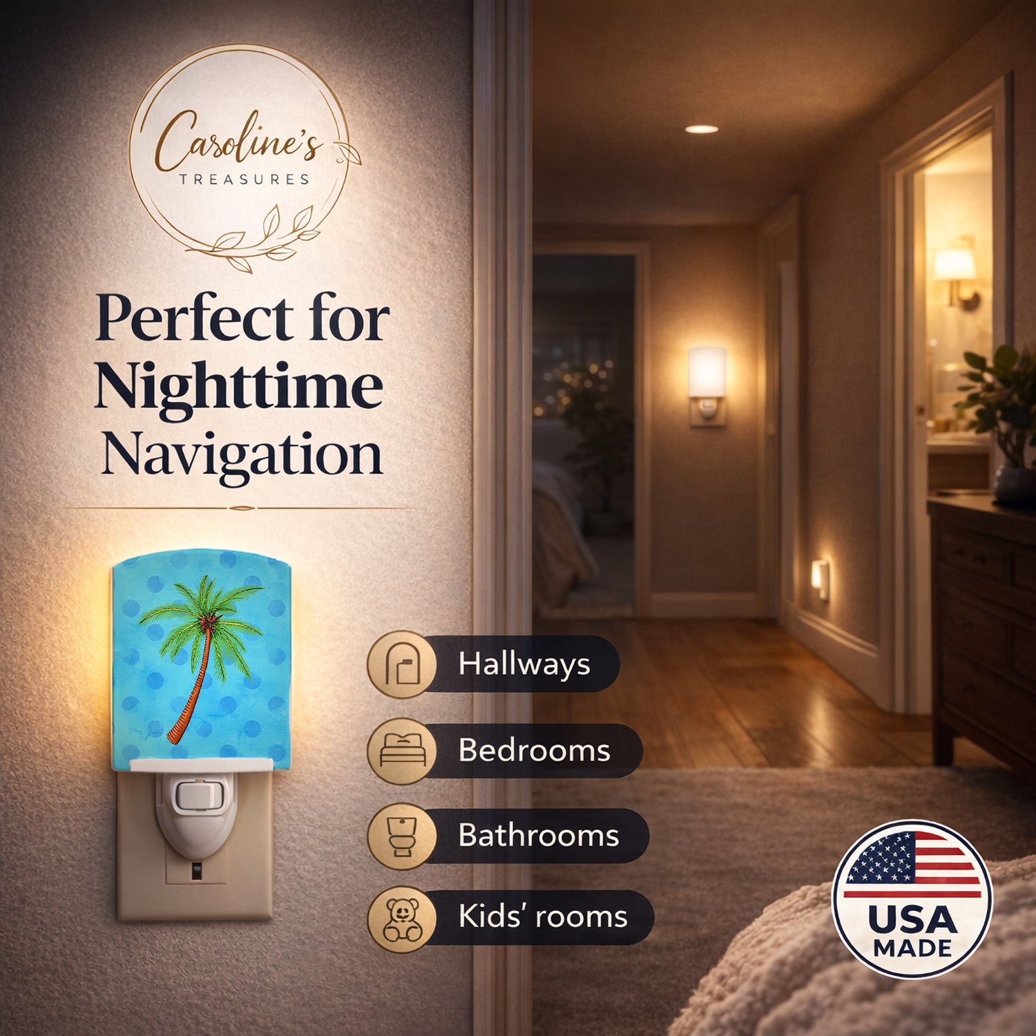 Palm Tree Blue Polkadot Ceramic Night Light Compact, UL-Certified, Ideal for Bedroom, Bathroom, Nursery, Hallway, Kitchen, 6x4x3, Multicolor