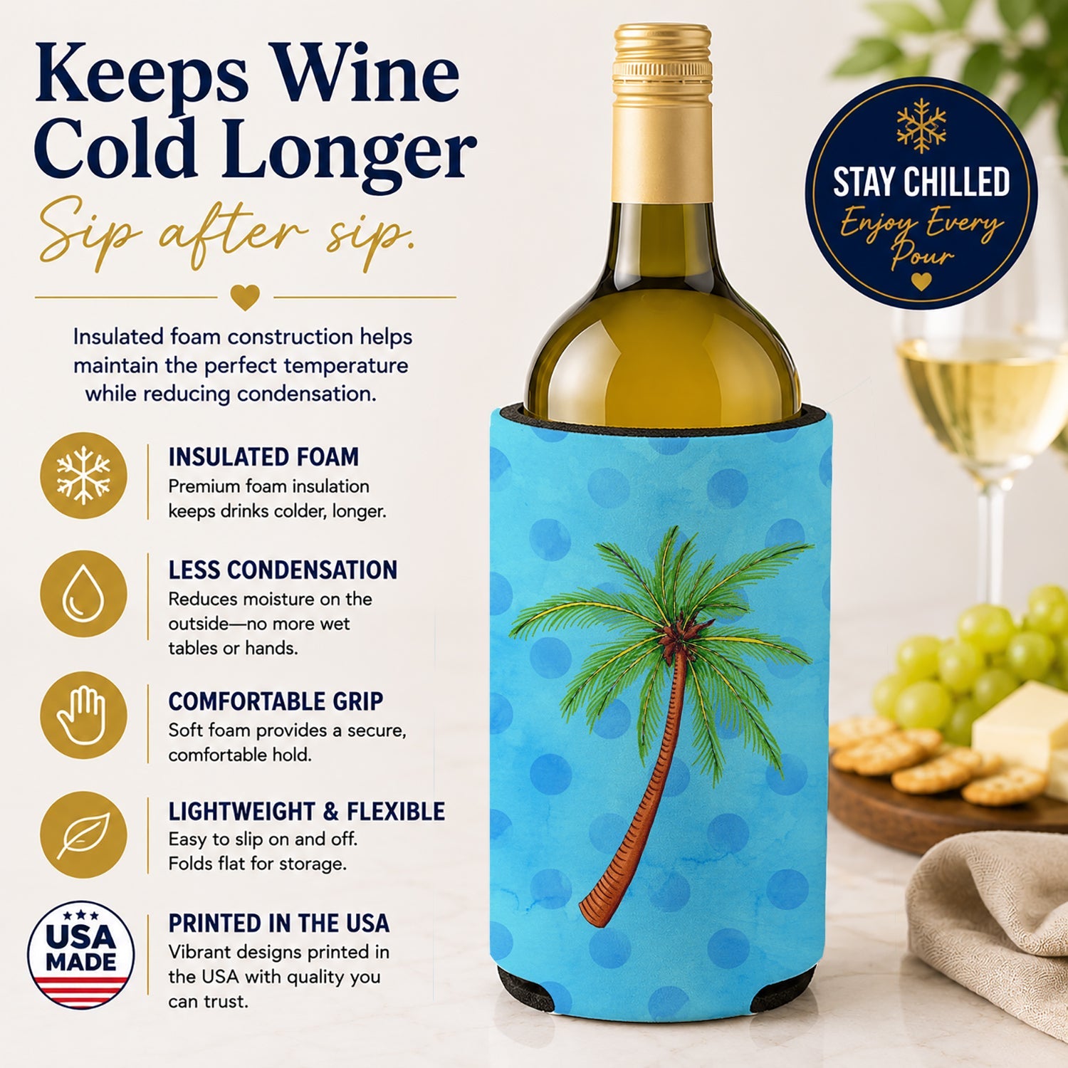 Palm Tree Blue Polkadot Wine Bottle Hugger Gift Sleeve for Standard 750 ml Bottles, Insulated Reusable Fits Mini Shot & Pint Bottles
