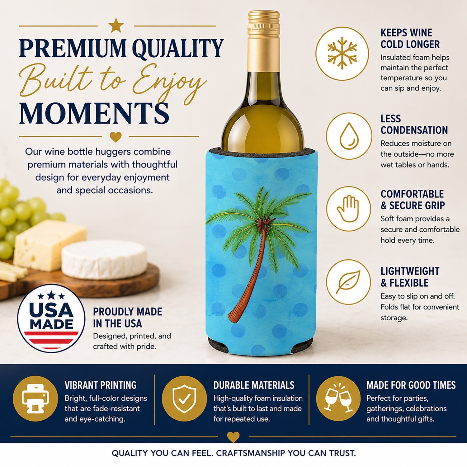Palm Tree Blue Polkadot Wine Bottle Hugger Gift Sleeve for Standard 750 ml Bottles, Insulated Reusable Fits Mini Shot & Pint Bottles