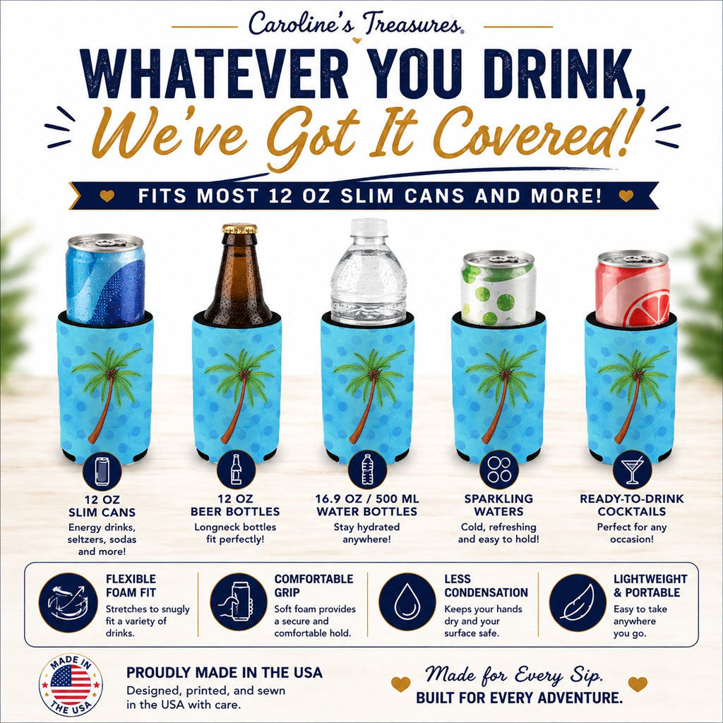 Palm Tree Blue Polkadot Slim Can Hugger  Insulated Foam Sleeve for 12 oz Slim Cans, Beer Bottles & Water Bottles, Made in USA