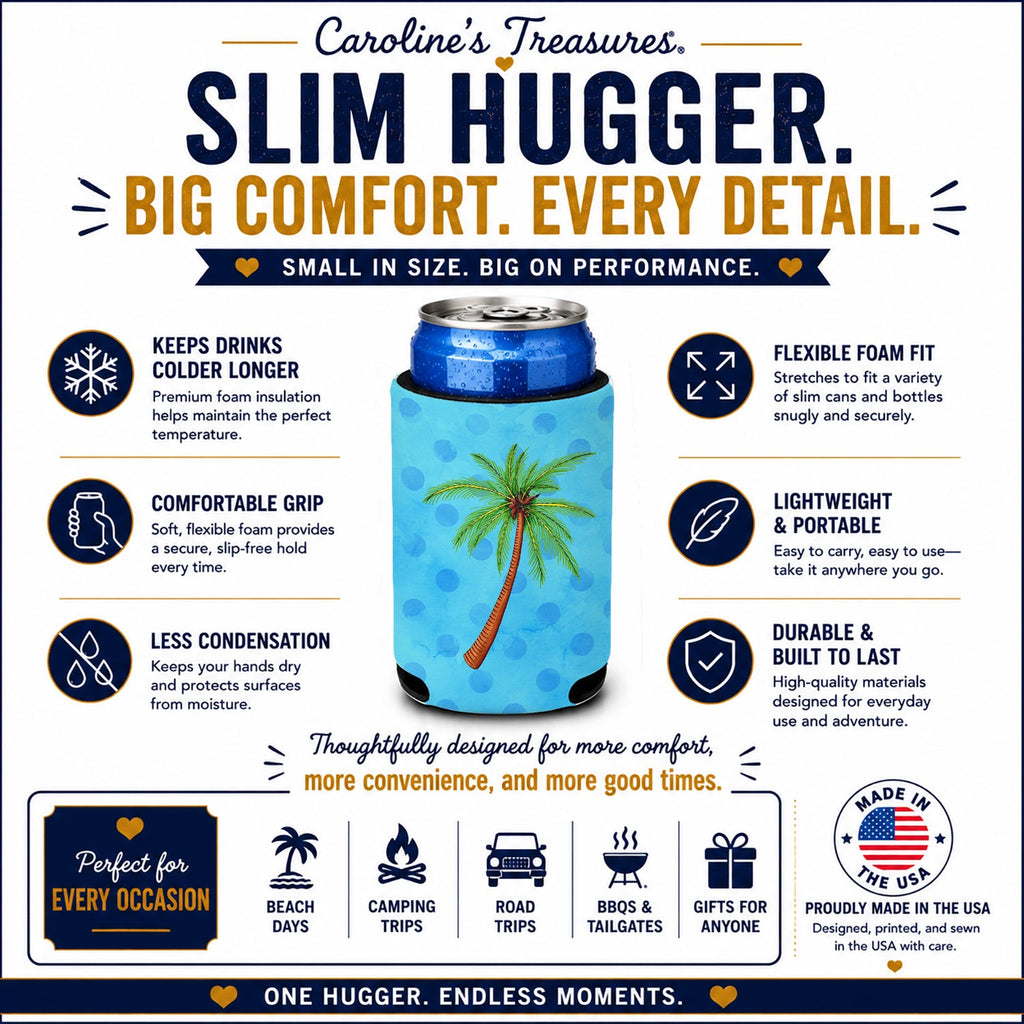 Palm Tree Blue Polkadot Slim Can Hugger  Insulated Foam Sleeve for 12 oz Slim Cans, Beer Bottles & Water Bottles, Made in USA