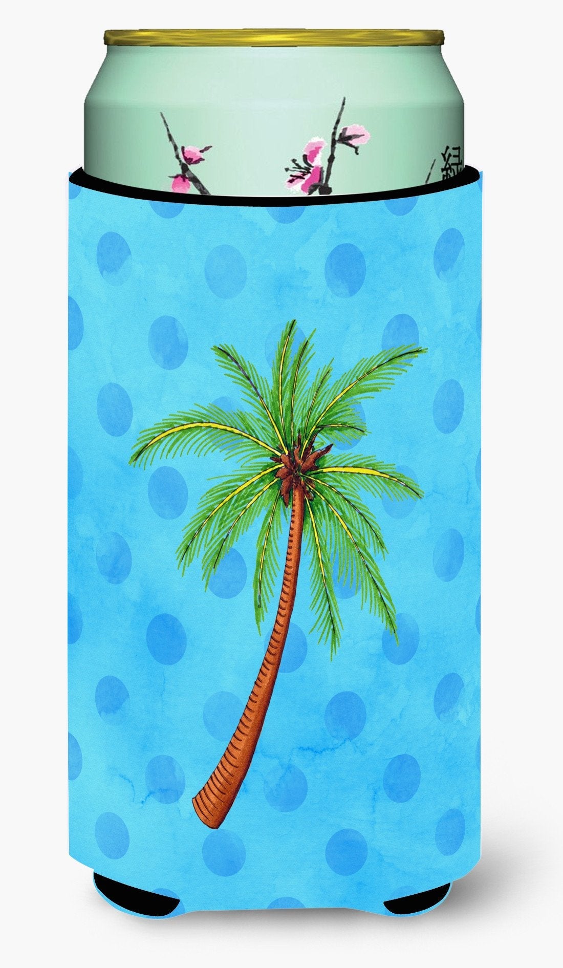 Palm Tree Blue Polkadot Tall Boy Hugger Can Cooler Sleeve Machine Washable Drink Collapsible Insulator Beverage Insulated Holder