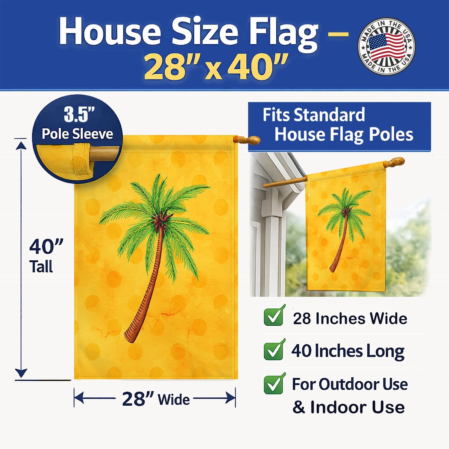 Palm Tree Yellow Polkadot House Flag 28x40 Porch Sleeve Pole Decorative Outside Yard Banner Artwork Wall Hanging, Polyester