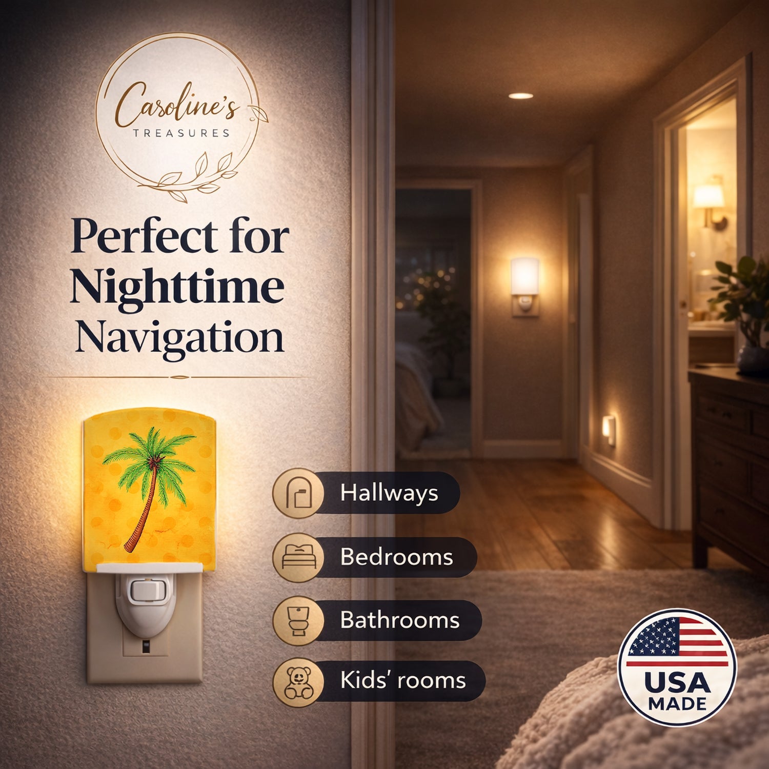 Palm Tree Yellow Polkadot Ceramic Night Light Compact, UL-Certified, Ideal for Bedroom, Bathroom, Nursery, Hallway, Kitchen, 6x4x3, Multicolor