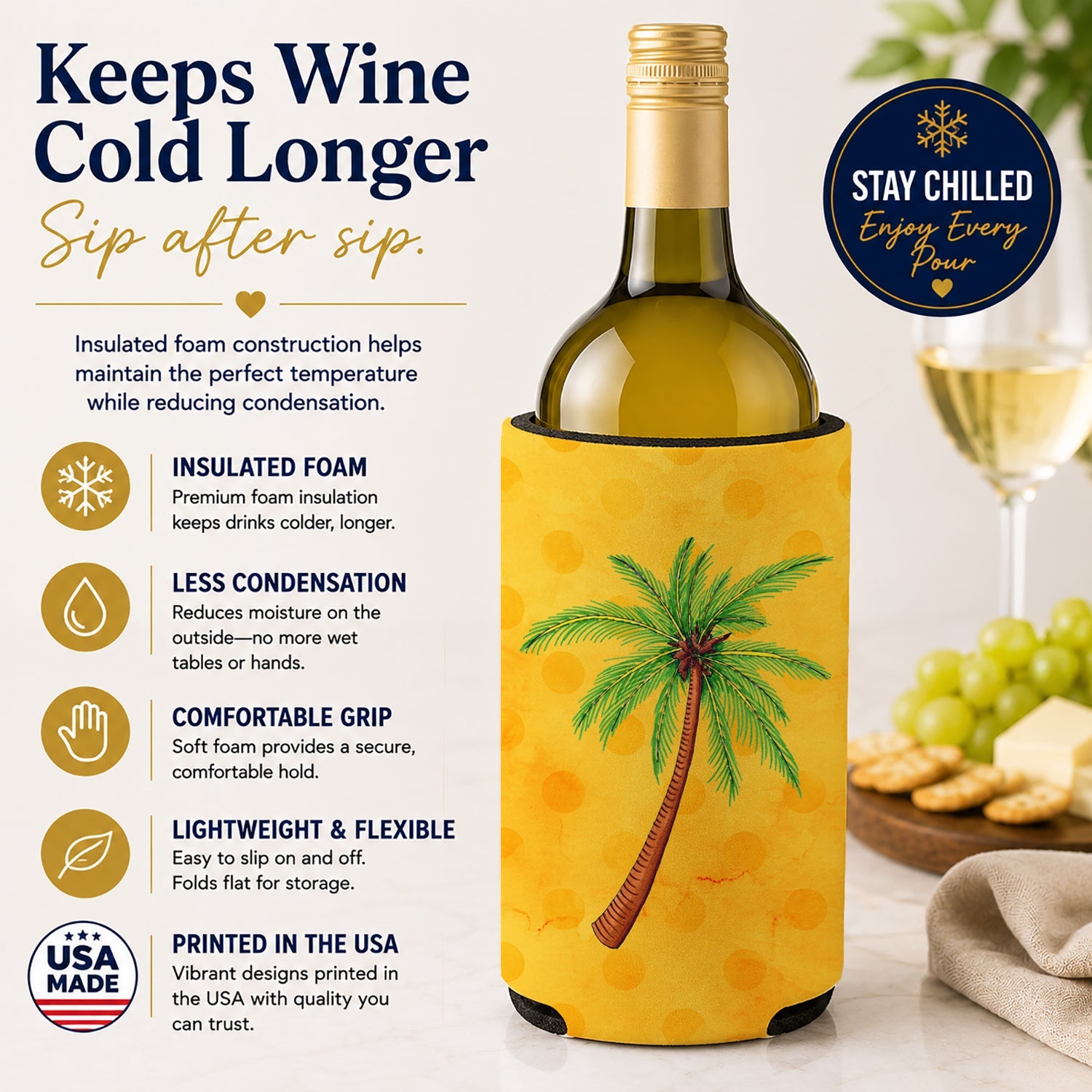 Palm Tree Yellow Polkadot Wine Bottle Hugger Gift Sleeve for Standard 750 ml Bottles, Insulated Reusable Fits Mini Shot & Pint Bottles