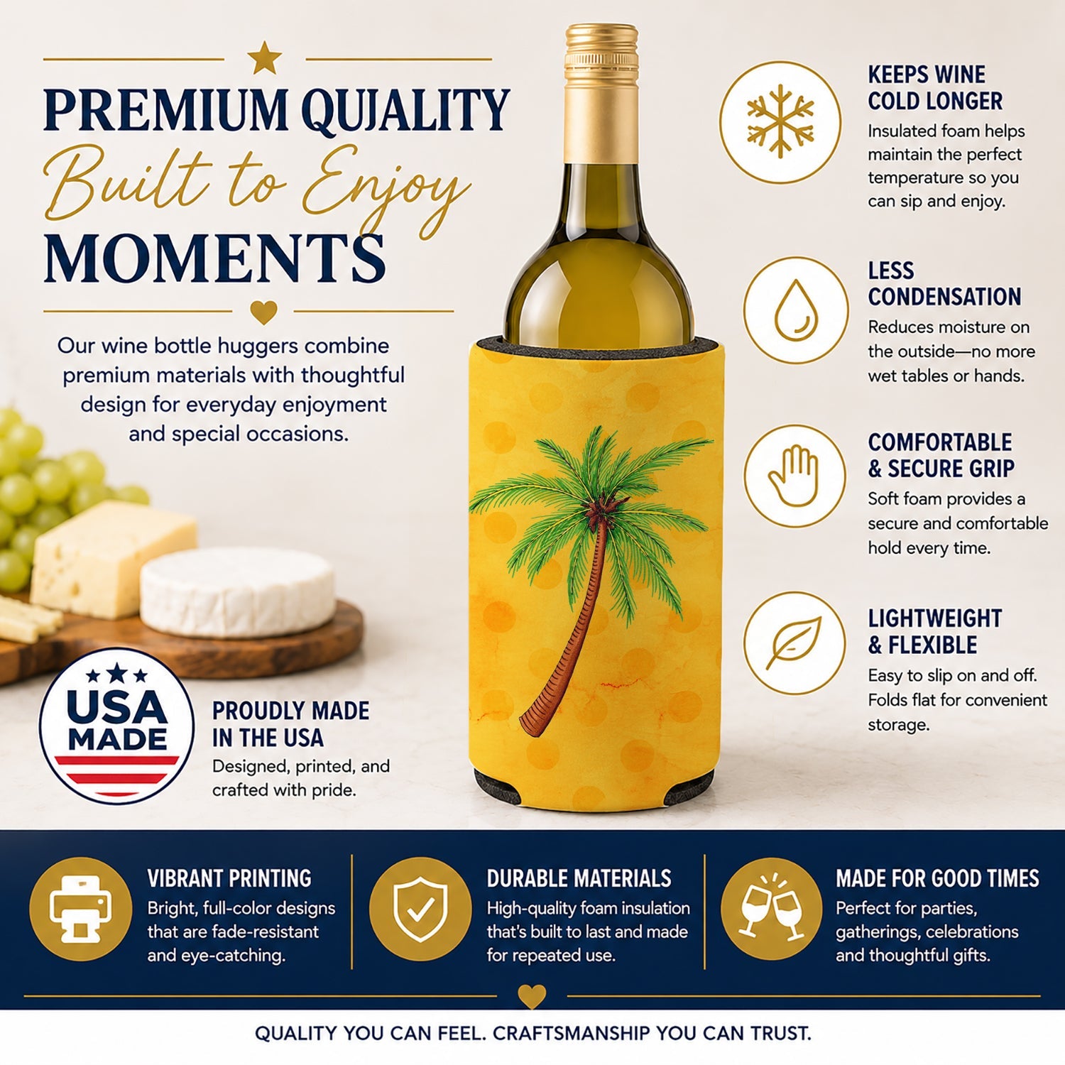 Palm Tree Yellow Polkadot Wine Bottle Hugger Gift Sleeve for Standard 750 ml Bottles, Insulated Reusable Fits Mini Shot & Pint Bottles