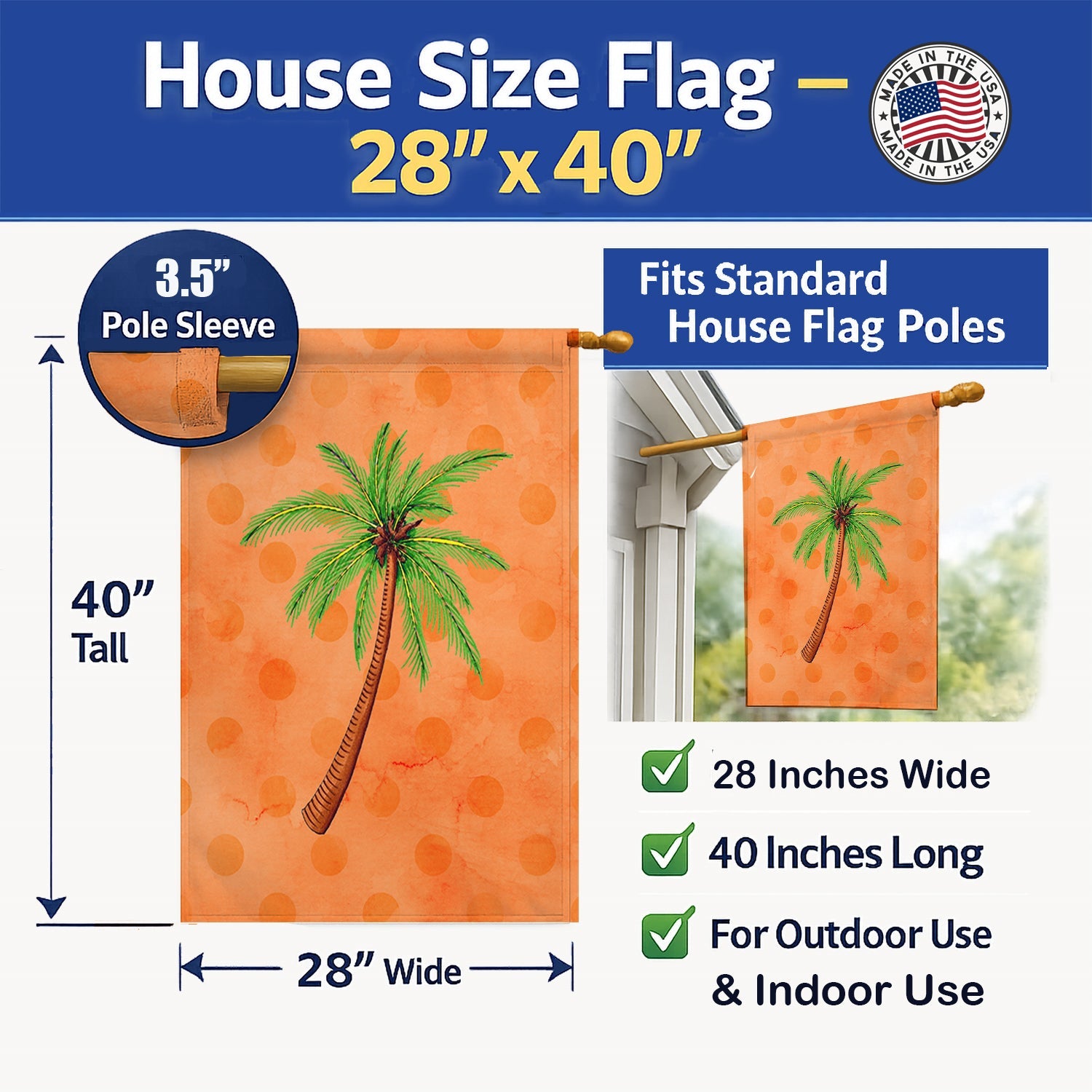 Palm Tree Orange Polkadot House Flag 28x40 Porch Sleeve Pole Decorative Outside Yard Banner Artwork Wall Hanging, Polyester