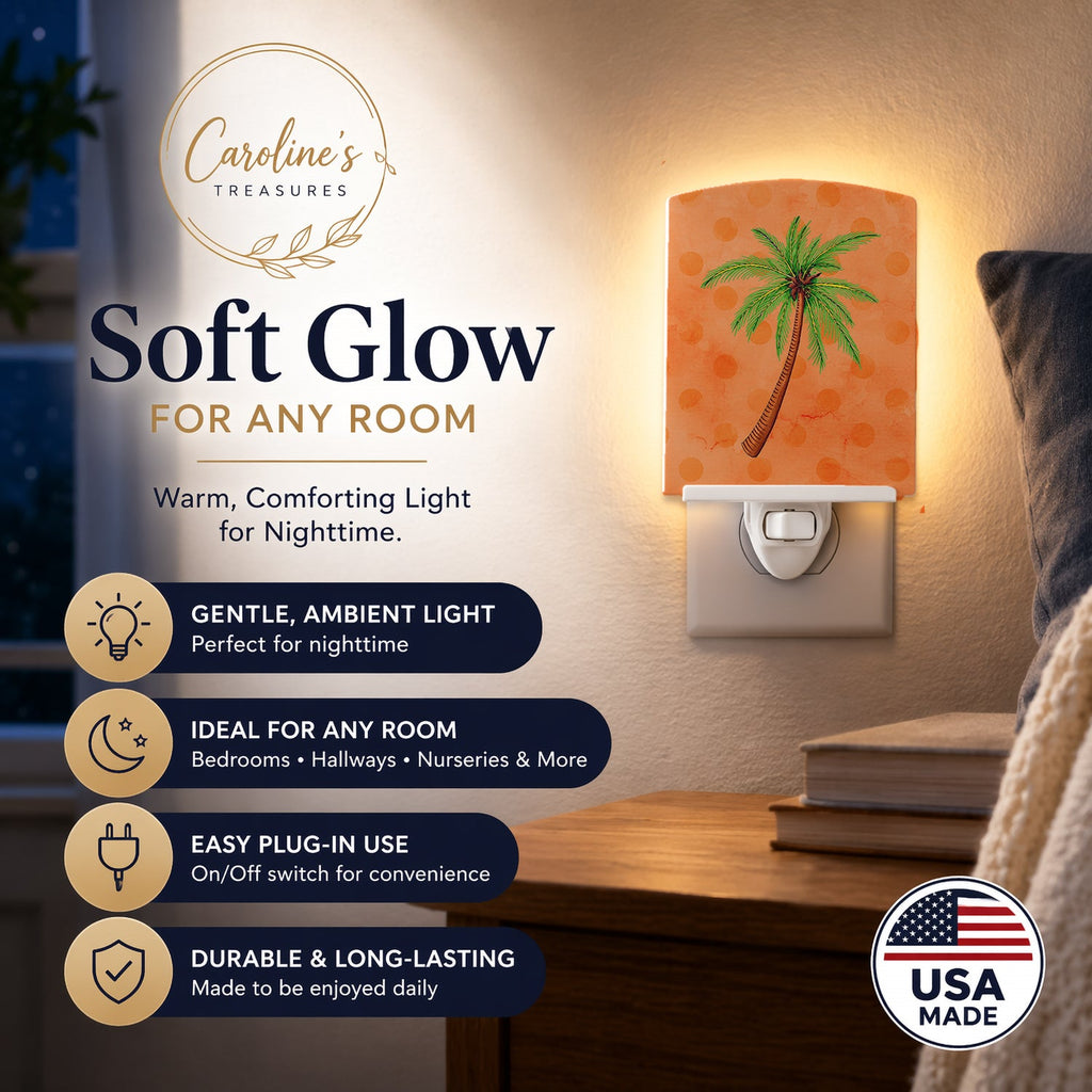 Palm Tree Orange Polkadot Ceramic Night Light Compact, UL-Certified, Ideal for Bedroom, Bathroom, Nursery, Hallway, Kitchen, 6x4x3, Multicolor
