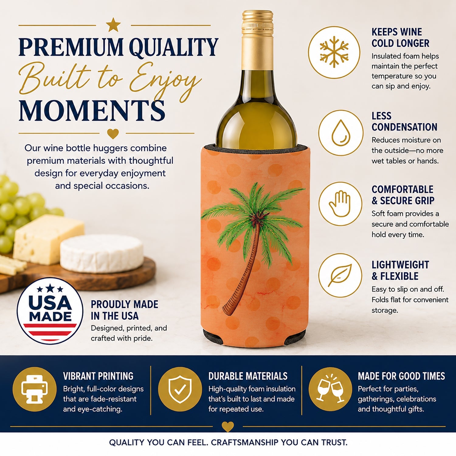 Palm Tree Orange Polkadot Wine Bottle Hugger Gift Sleeve for Standard 750 ml Bottles, Insulated Reusable Fits Mini Shot & Pint Bottles