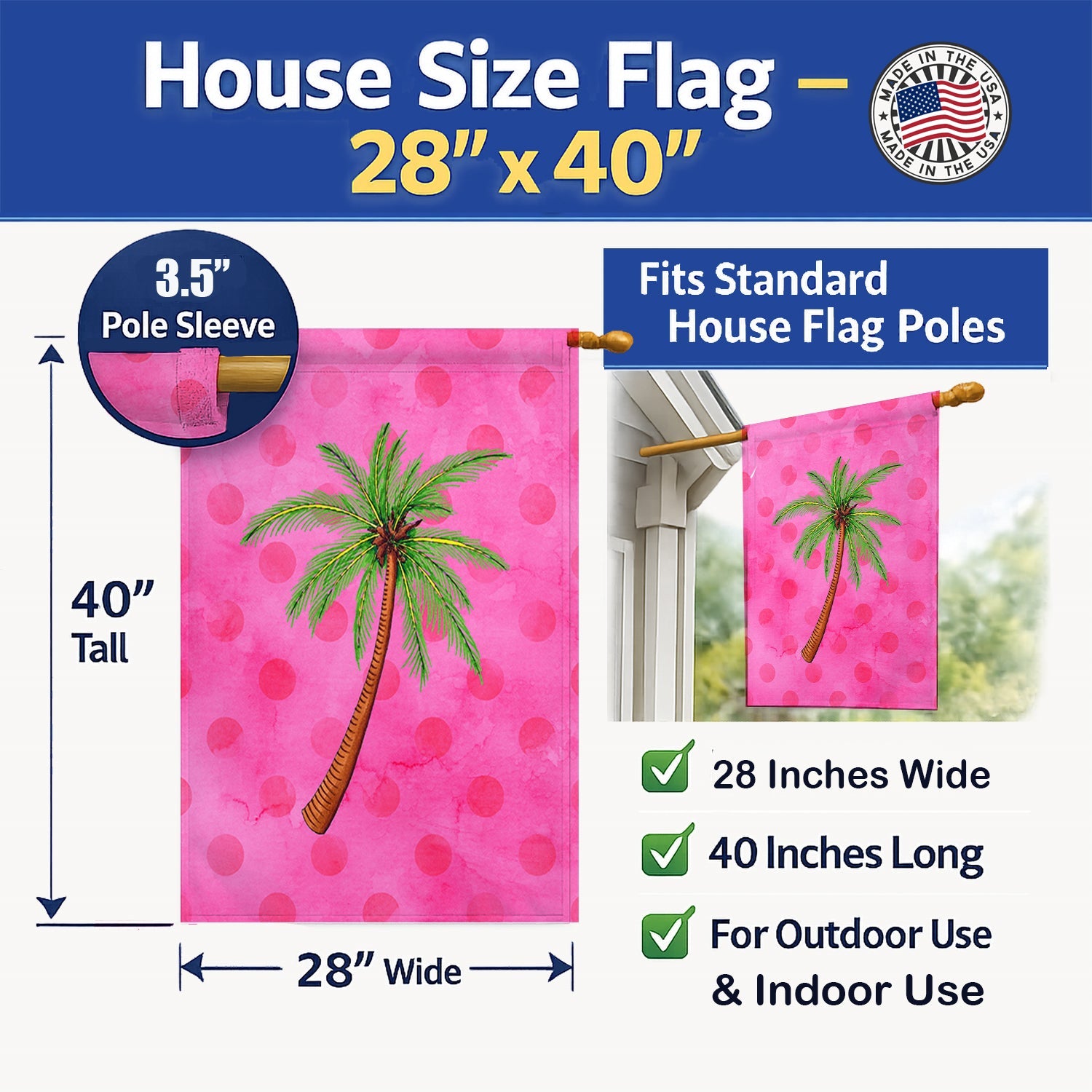 Palm Tree Pink Polkadot House Flag 28x40 Porch Sleeve Pole Decorative Outside Yard Banner Artwork Wall Hanging, Polyester