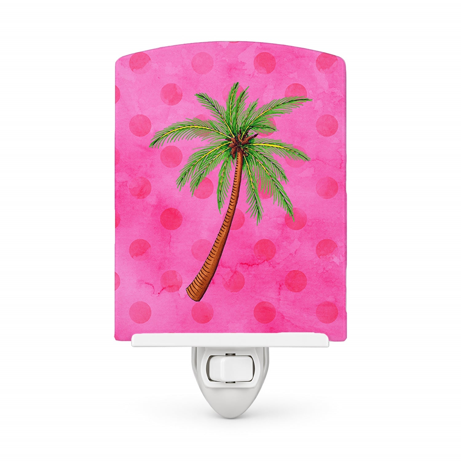 Palm Tree Pink Polkadot Ceramic Night Light Compact, UL-Certified, Ideal for Bedroom, Bathroom, Nursery, Hallway, Kitchen, 6x4x3, Multicolor