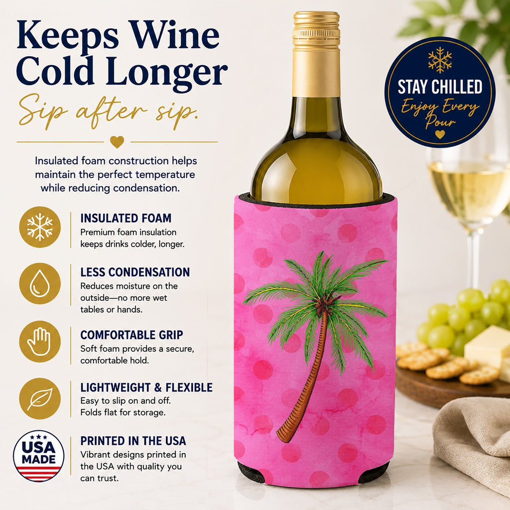Palm Tree Pink Polkadot Wine Bottle Hugger Gift Sleeve for Standard 750 ml Bottles, Insulated Reusable Fits Mini Shot & Pint Bottles
