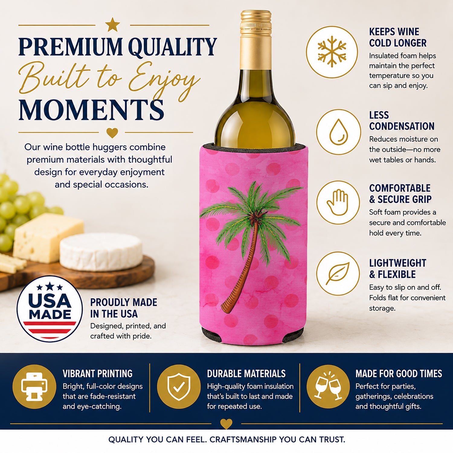 Palm Tree Pink Polkadot Wine Bottle Hugger Gift Sleeve for Standard 750 ml Bottles, Insulated Reusable Fits Mini Shot & Pint Bottles
