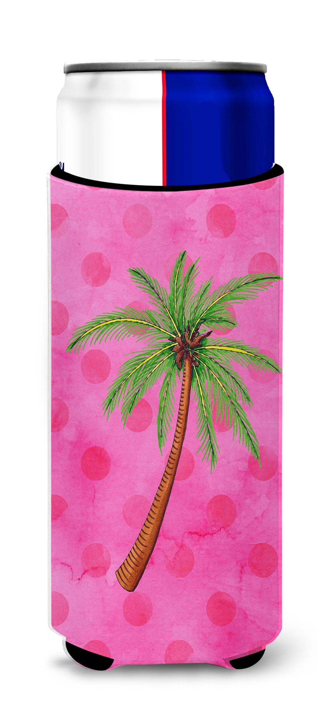 Palm Tree Pink Polkadot Slim Can Hugger , Insulated Foam Hugger for 12 oz Slim Cans, Beer Bottles & Water Bottles, Printed in USA