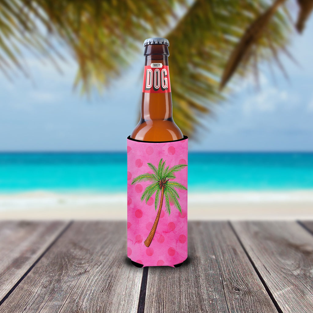 Palm Tree Pink Polkadot Slim Can Hugger , Insulated Foam Hugger for 12 oz Slim Cans, Beer Bottles & Water Bottles, Printed in USA