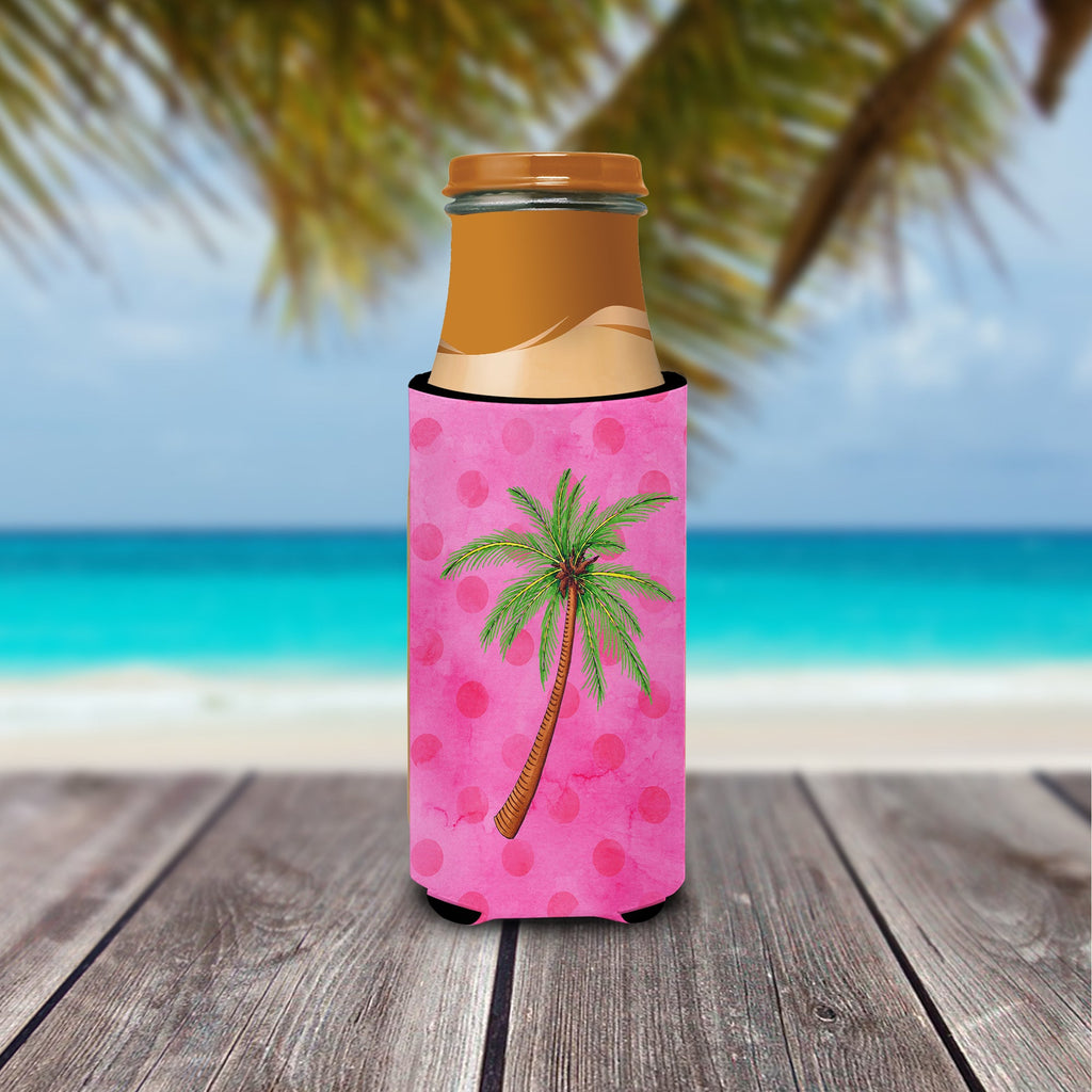 Palm Tree Pink Polkadot Slim Can Hugger , Insulated Foam Hugger for 12 oz Slim Cans, Beer Bottles & Water Bottles, Printed in USA