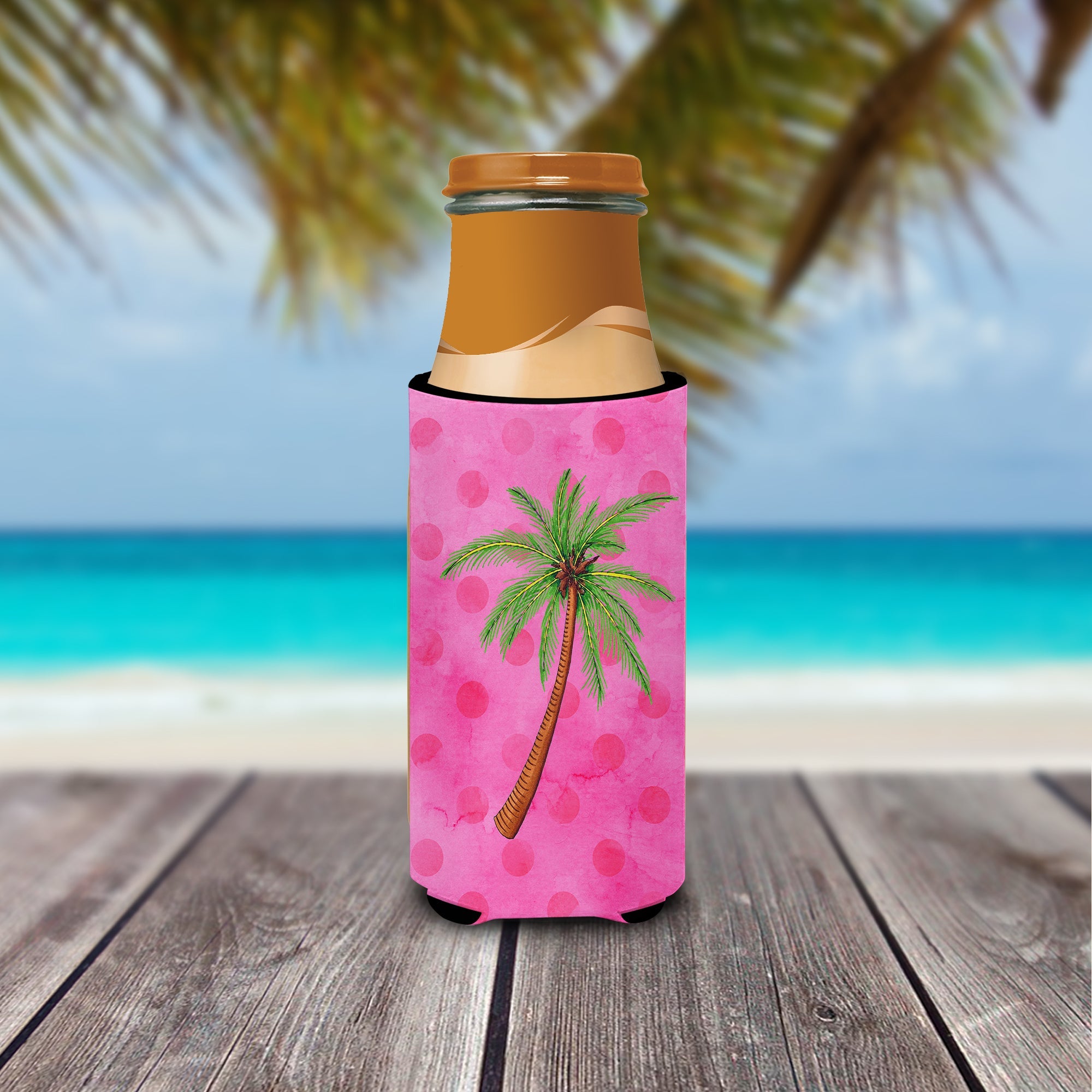 Palm Tree Pink Polkadot Slim Can Hugger , Insulated Foam Hugger for 12 oz Slim Cans, Beer Bottles & Water Bottles, Printed in USA