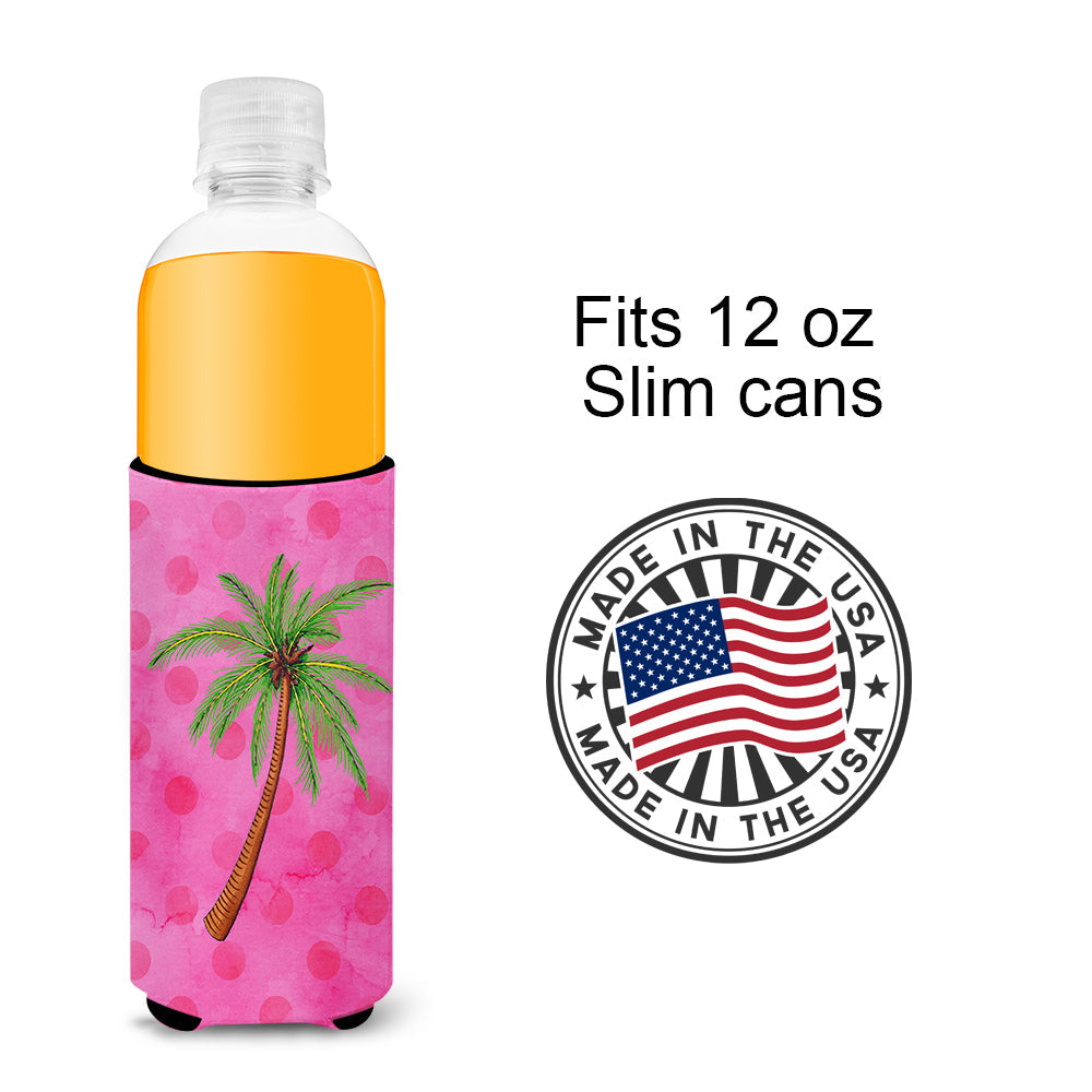 Palm Tree Pink Polkadot Slim Can Hugger , Insulated Foam Hugger for 12 oz Slim Cans, Beer Bottles & Water Bottles, Printed in USA