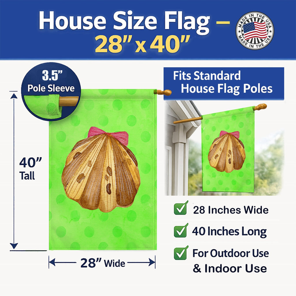 Sea Shell Green Polkadot House Flag 28x40 Porch Sleeve Pole Decorative Outside Yard Banner Artwork Wall Hanging, Polyester