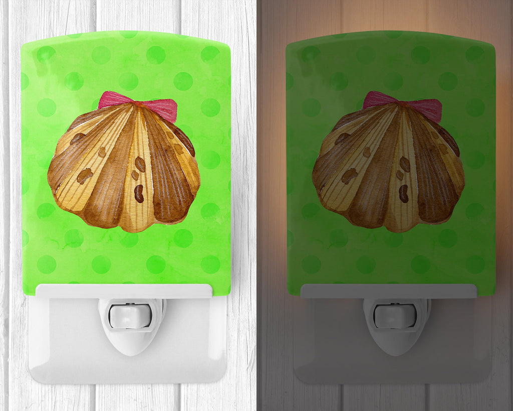 Sea Shell Green Polkadot Ceramic Night Light Compact, UL-Certified, Ideal for Bedroom, Bathroom, Nursery, Hallway, Kitchen, 6x4x3, Multicolor