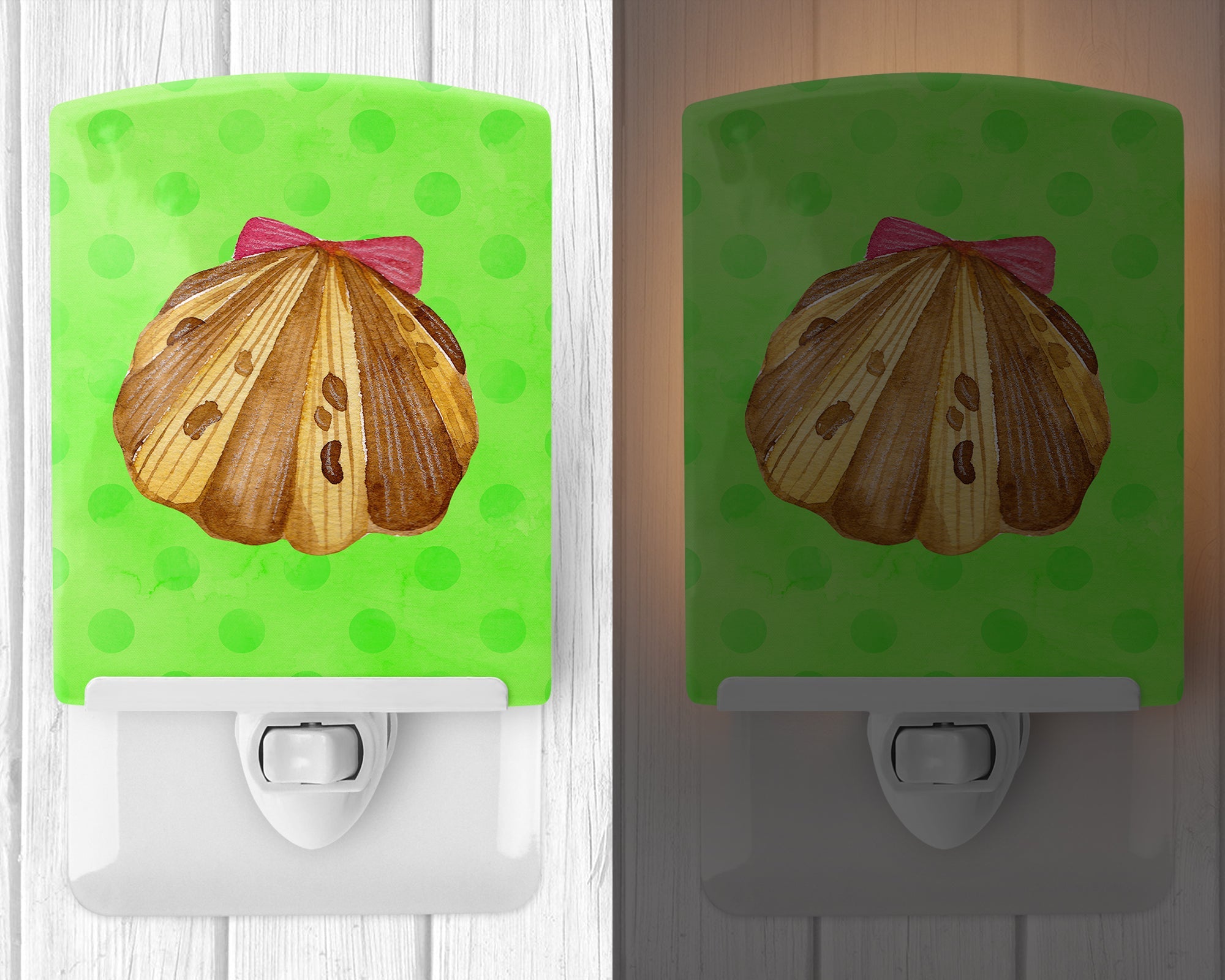 Sea Shell Green Polkadot Ceramic Night Light Compact, UL-Certified, Ideal for Bedroom, Bathroom, Nursery, Hallway, Kitchen, 6x4x3, Multicolor