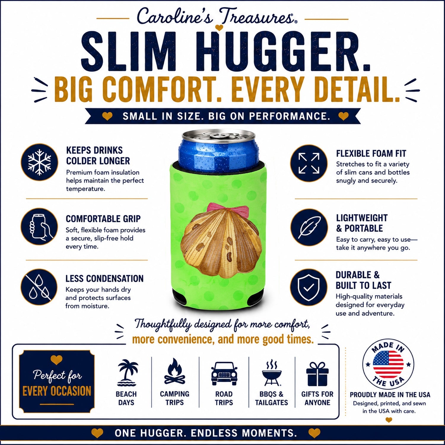 Sea Shell Green Polkadot Slim Can Hugger  Insulated Foam Sleeve for 12 oz Slim Cans, Beer Bottles & Water Bottles, Made in USA