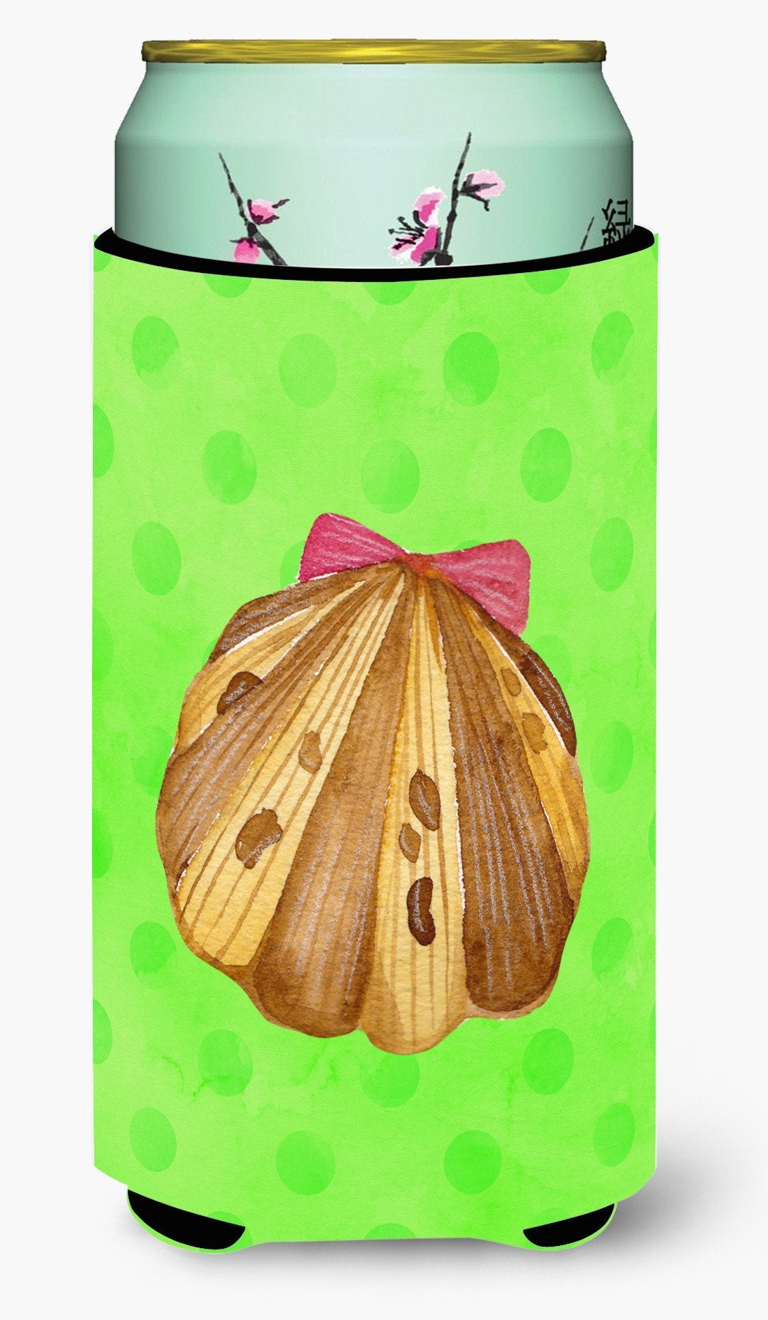 Sea Shell Green Polkadot Tall Boy Hugger Can Cooler Sleeve Machine Washable Drink Collapsible Insulator Beverage Insulated Holder