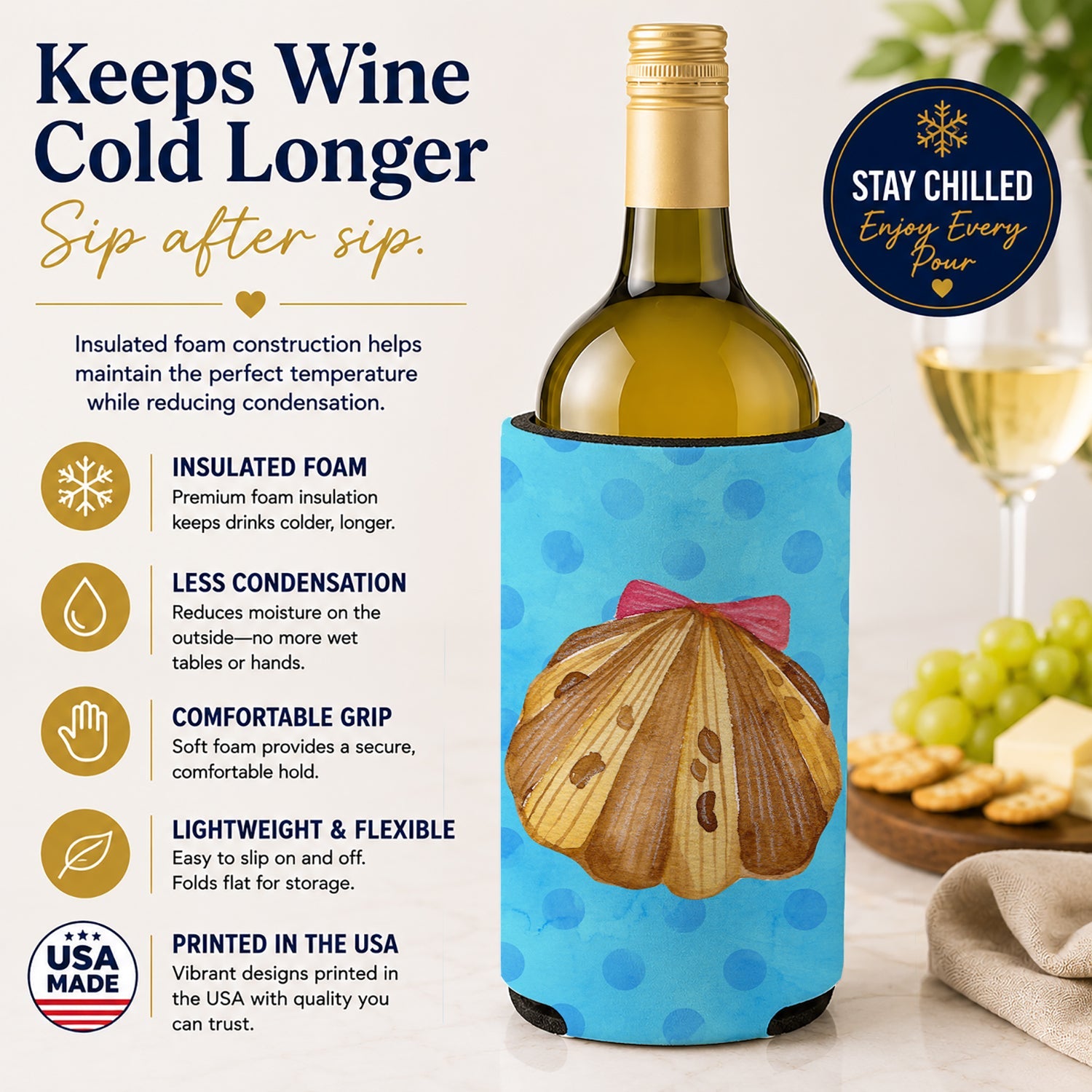 Sea Shell Blue Polkadot Wine Bottle Hugger Gift Sleeve for Standard 750 ml Bottles, Insulated Reusable Fits Mini Shot & Pint Bottles