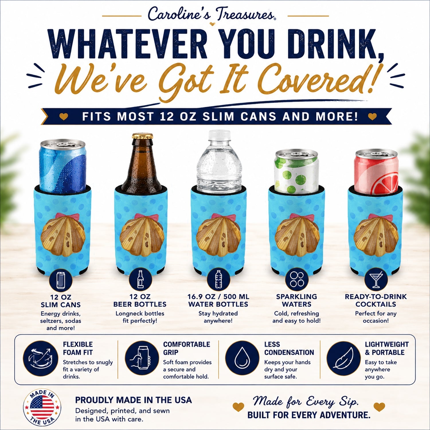 Sea Shell Blue Polkadot Slim Can Hugger  Insulated Foam Sleeve for 12 oz Slim Cans, Beer Bottles & Water Bottles, Made in USA