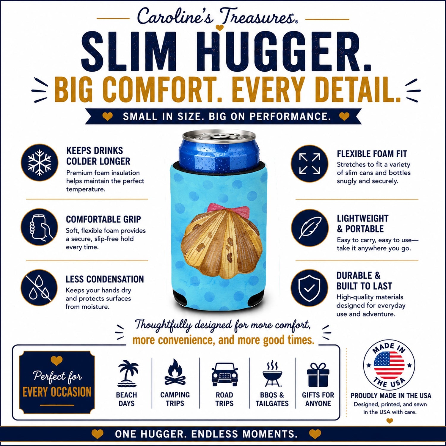 Sea Shell Blue Polkadot Slim Can Hugger  Insulated Foam Sleeve for 12 oz Slim Cans, Beer Bottles & Water Bottles, Made in USA