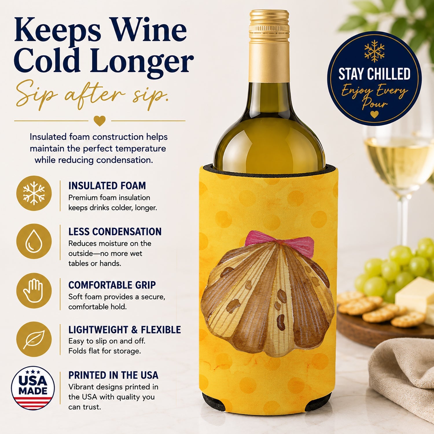 Sea Shell Yellow Polkadot Wine Bottle Hugger Gift Sleeve for Standard 750 ml Bottles, Insulated Reusable Fits Mini Shot & Pint Bottles