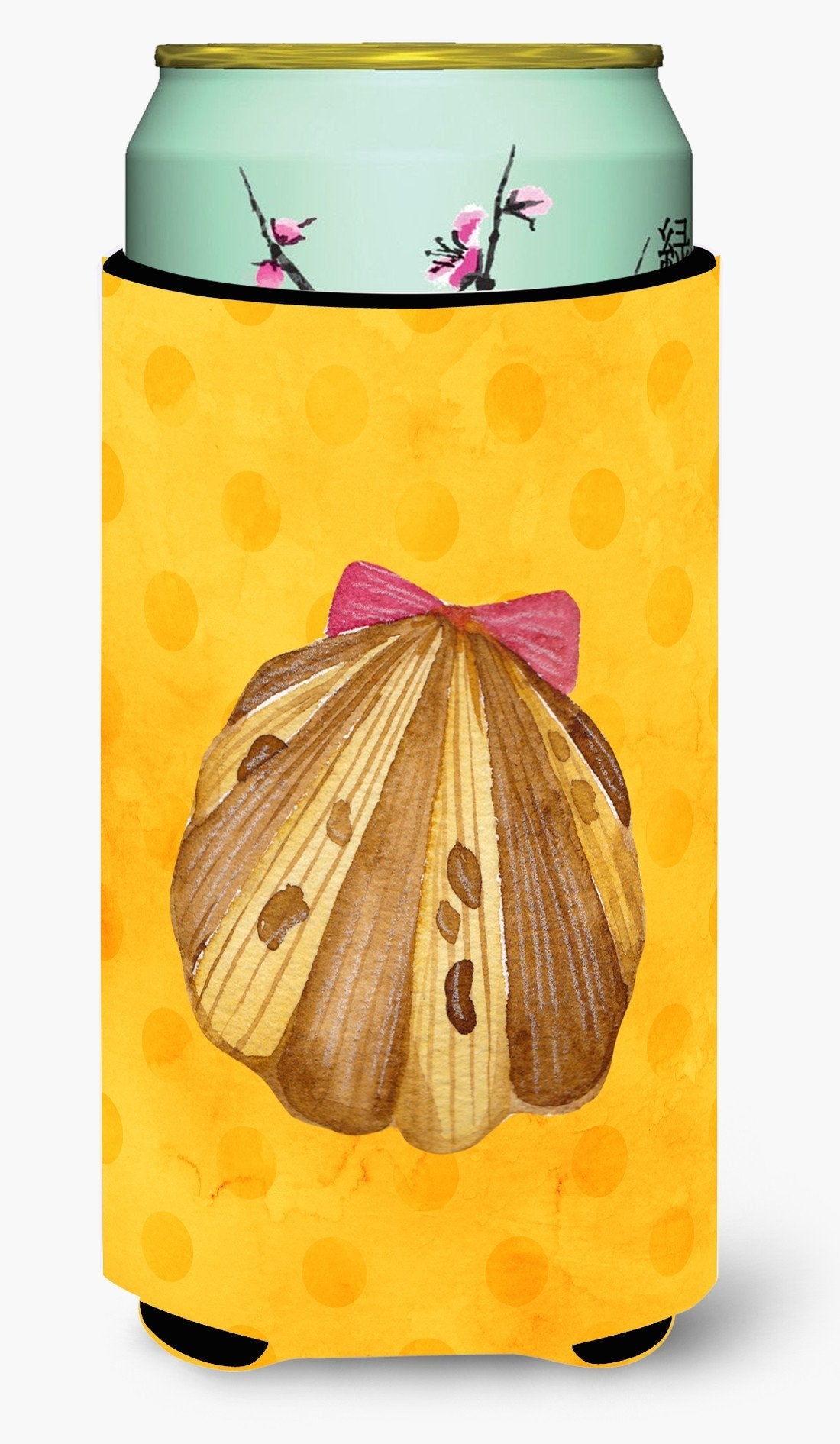 Sea Shell Yellow Polkadot Tall Boy Hugger Can Cooler Sleeve Machine Washable Drink Collapsible Insulator Beverage Insulated Holder